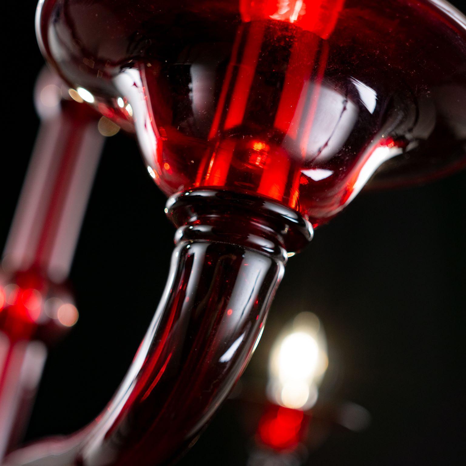 Blown Glass Contemporary Chandelier, 6 Arms Red Murano Glass by Multiforme in stock For Sale