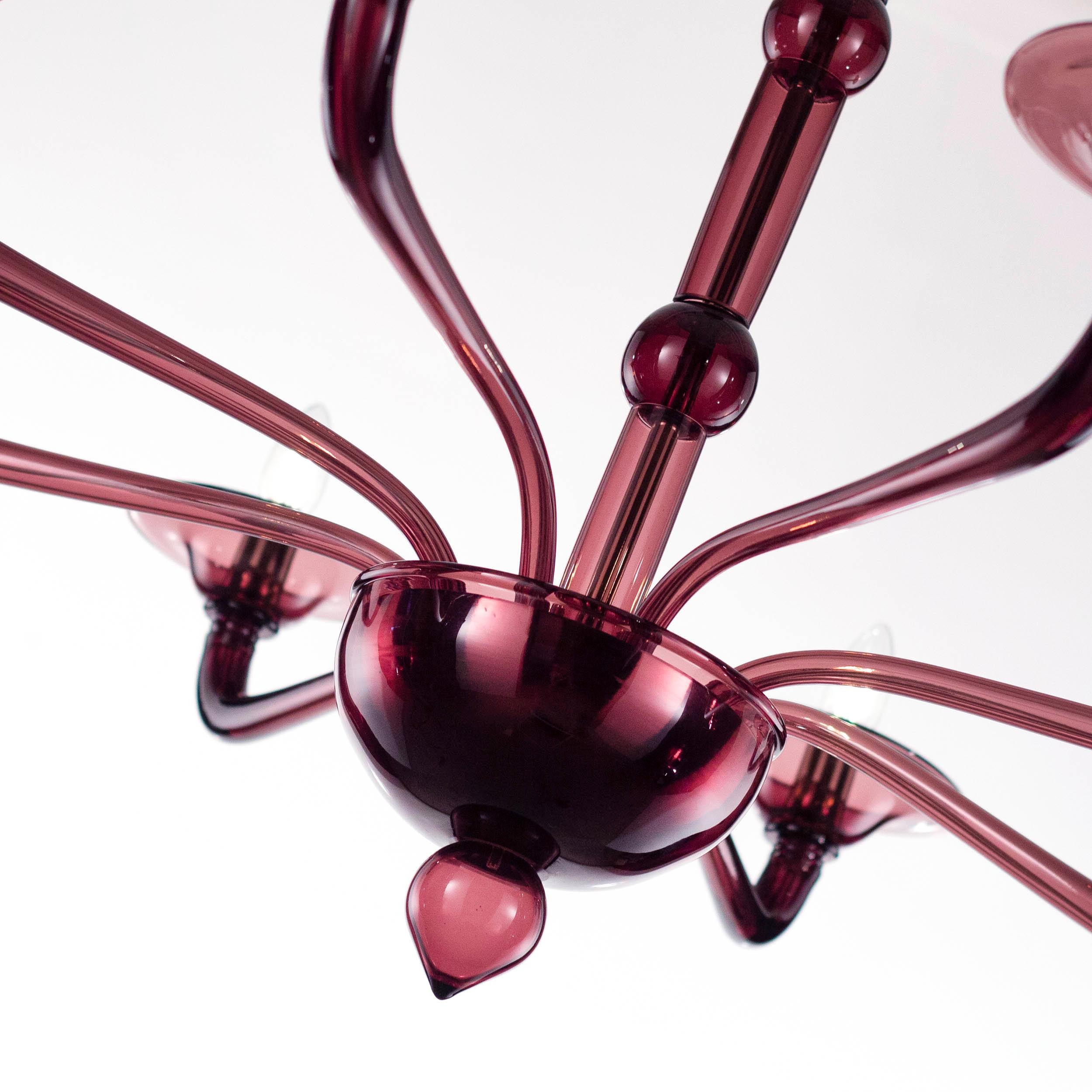 Blown Glass Contemporary Chandelier, 8 Arms Aubergine Murano Glass by Multiforme  For Sale