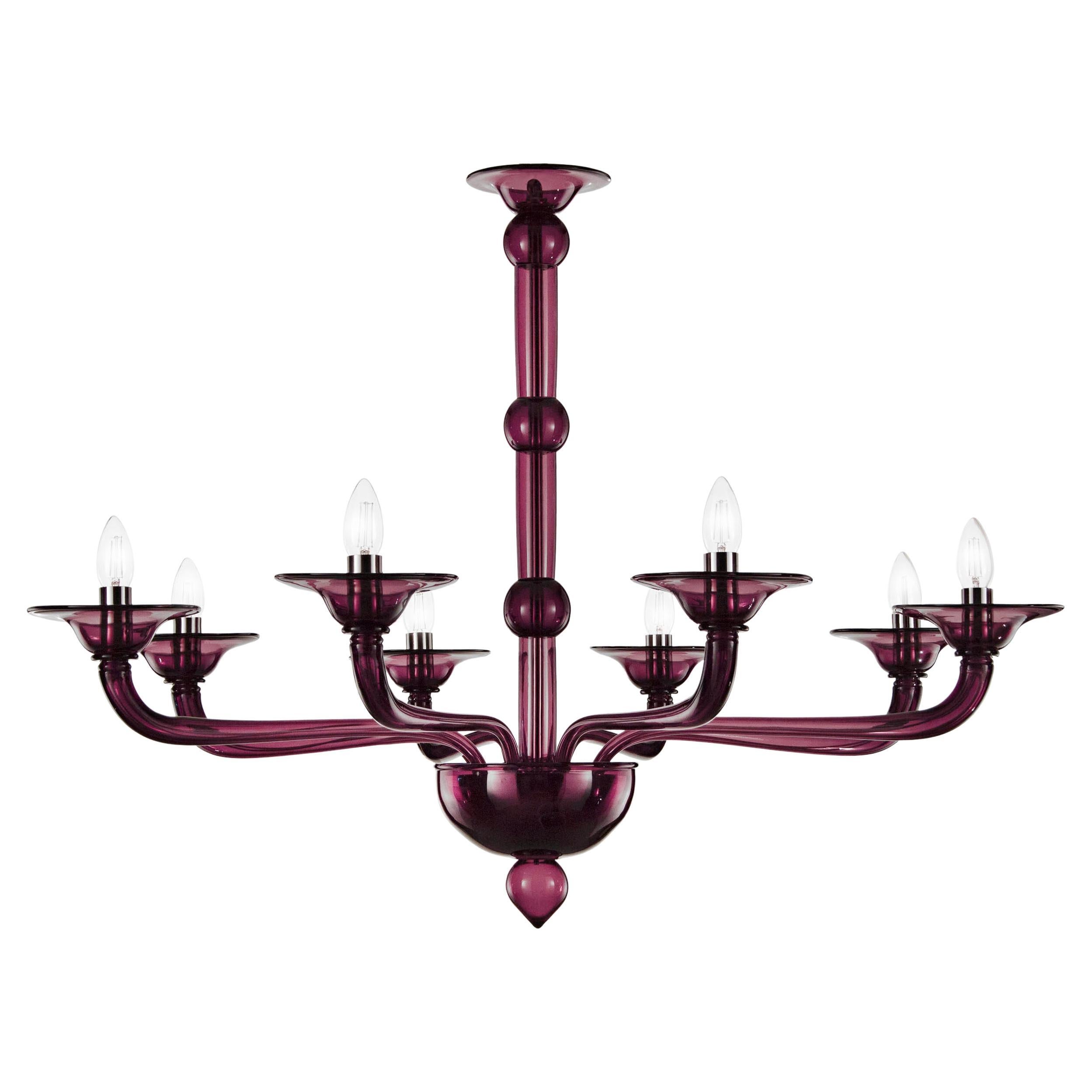 Contemporary Chandelier, 8 Arms Aubergine Murano Glass by Multiforme  For Sale