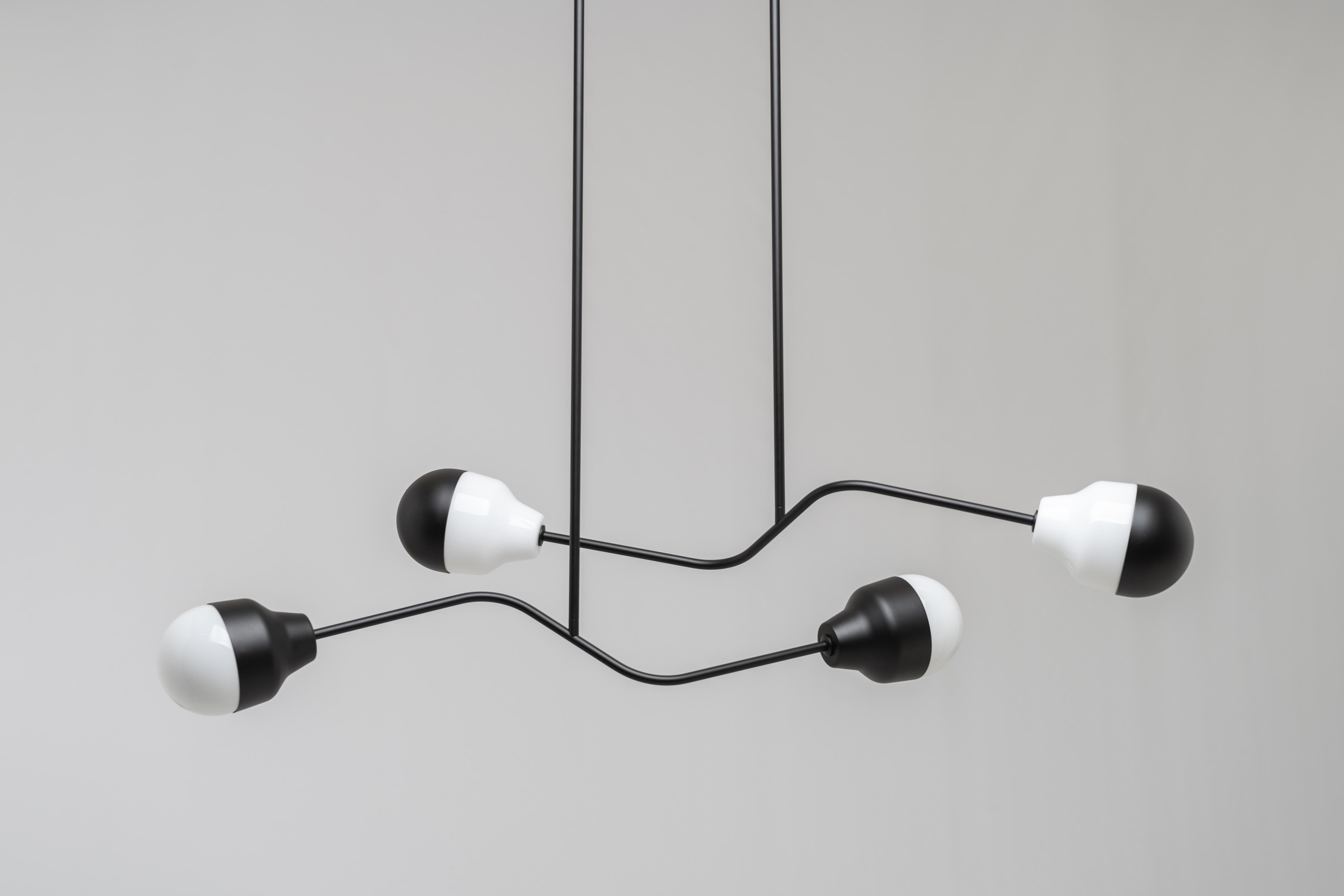 Ambiguo type-05 by Saarepera & Mae
Chandelier

Materials: mouth-blown Murano glass / stainless steel and aluminum
Light source: Built-in LED 100-240V / Dimmable

Dimensions: 
L 126 cm / 49.6 in
W 17.5 cm / 6.9 in

Fixing: 
Hanging from a