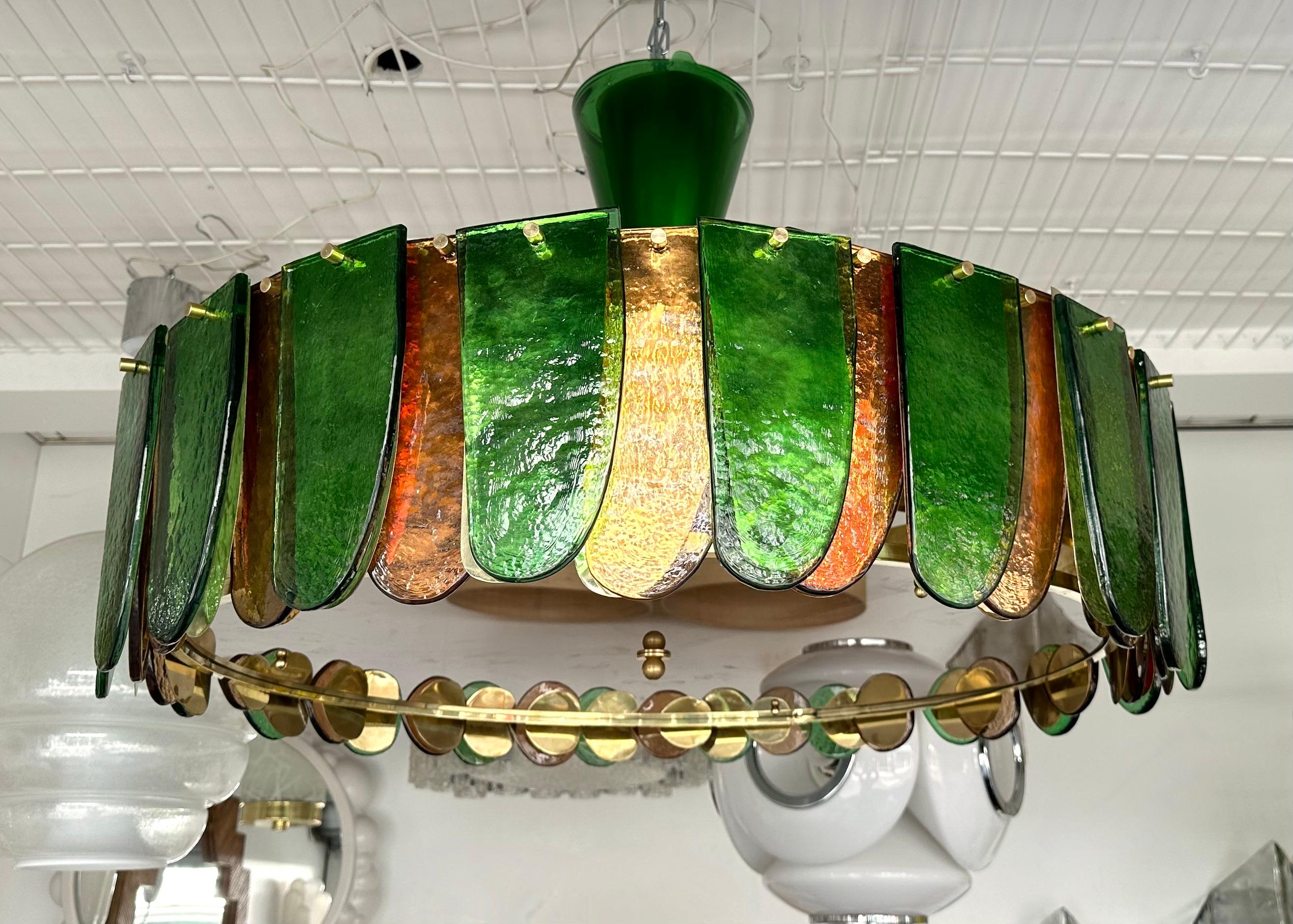 Chandelier ceiling pendant light lamp flush mount with Murano glass blade and brass blade. Contemporary work from a small italian artisanal workshop. Minor imperfections due to artisanal handmade work. In the mood of Mid-Century Modern Space Age