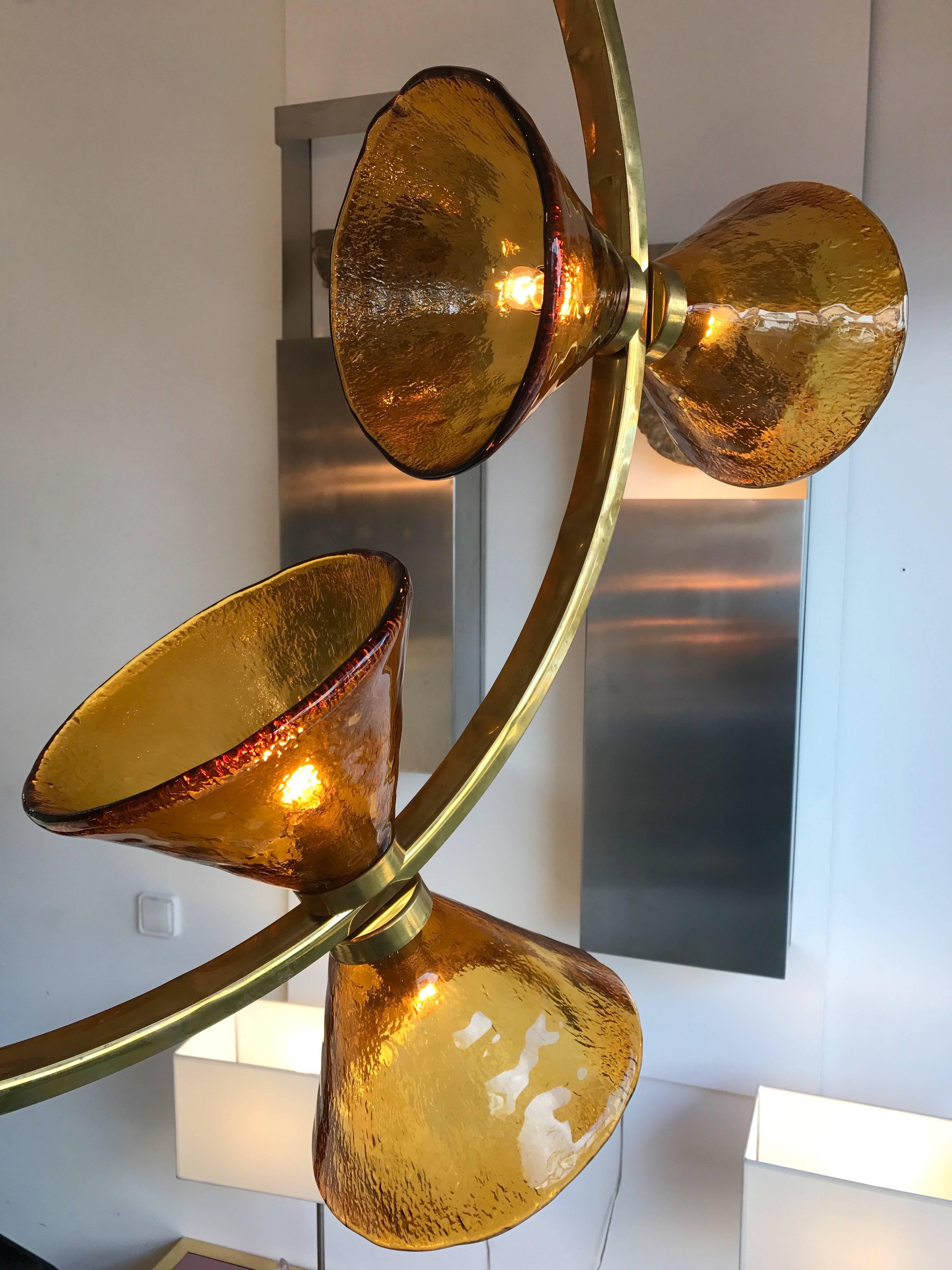 Mid-Century Modern Contemporary Chandelier Circle Brass Diabolo Murano Glass, Italy