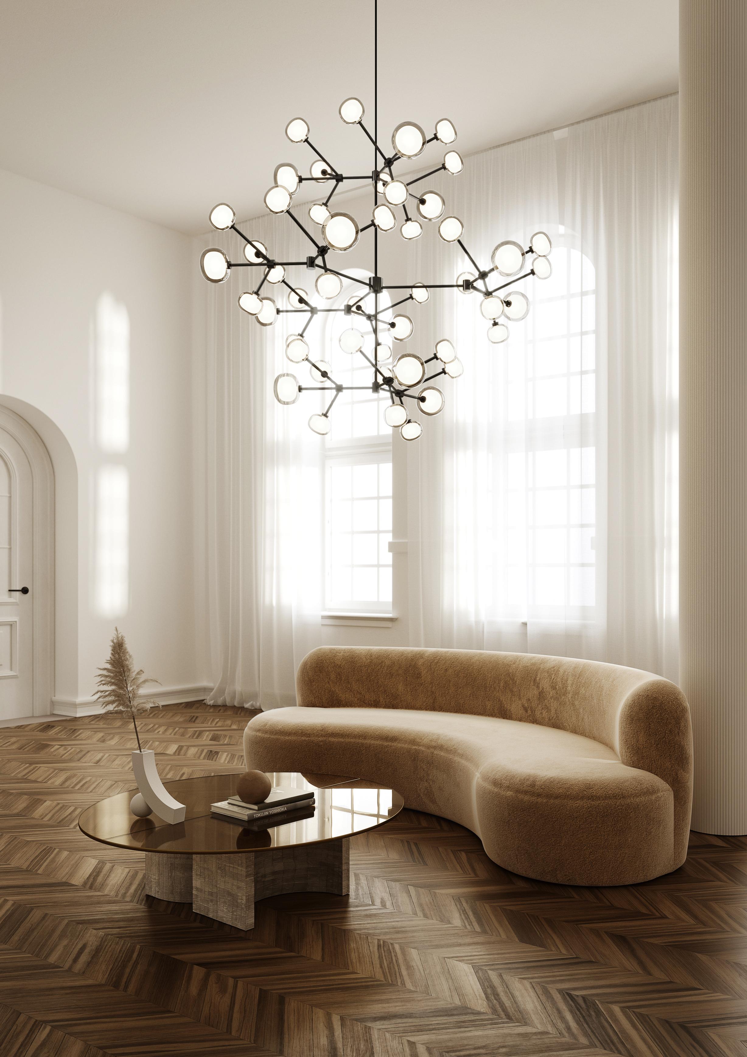 Chandelier Nabila 552.48 by Corrado Dotti x TOOY
48 lights
UL Listed 

Model shown:
Finish: Brass brushed
Color: Clear glass
Canopy: Ø 11 cm

Bulb compliance : 48 x G9 220/240V 3W Compliant with USA electric system

Chandelier: custom stem included
