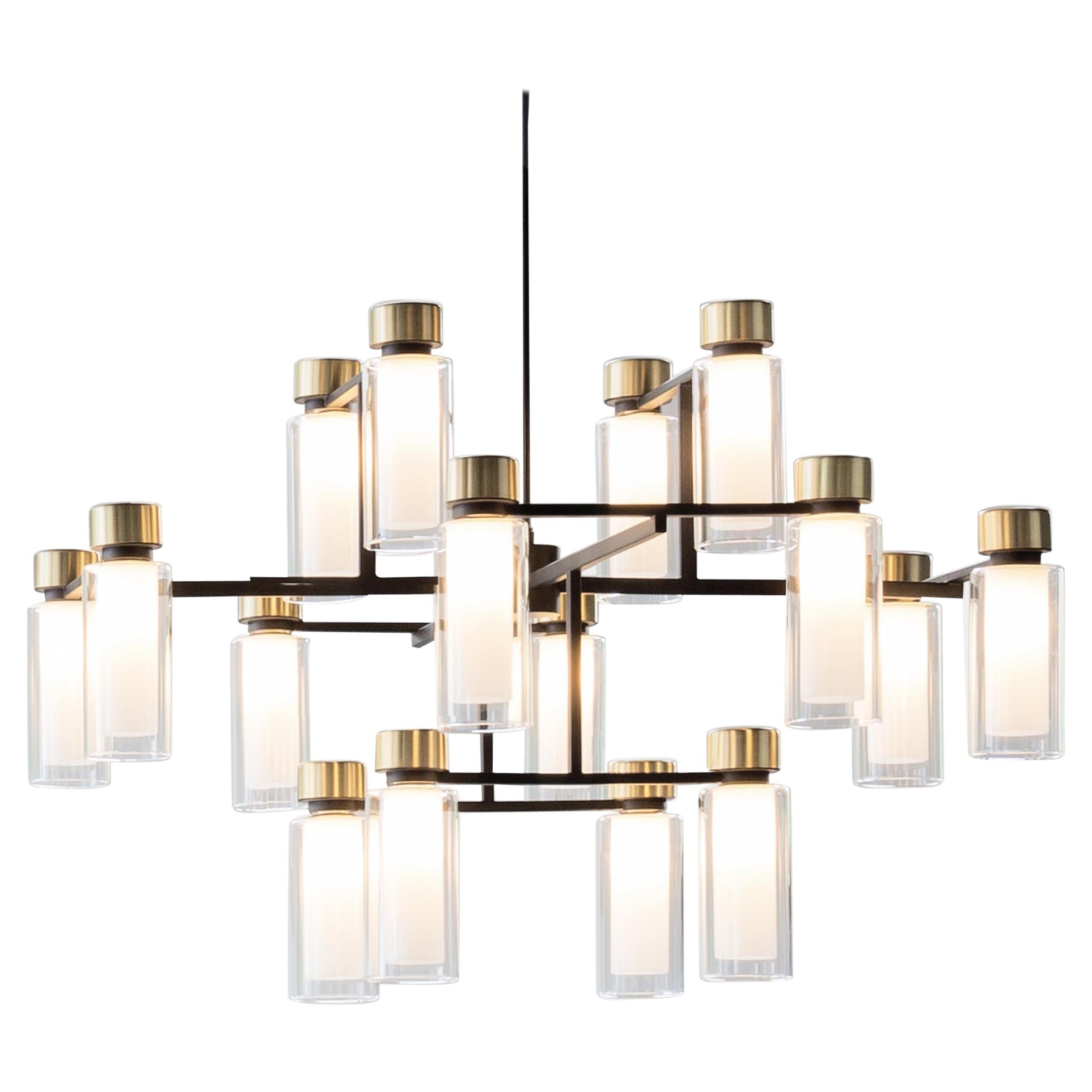 Lustre contemporain 'Osman 560.12' par Tooy, laiton brossé et verre transparent