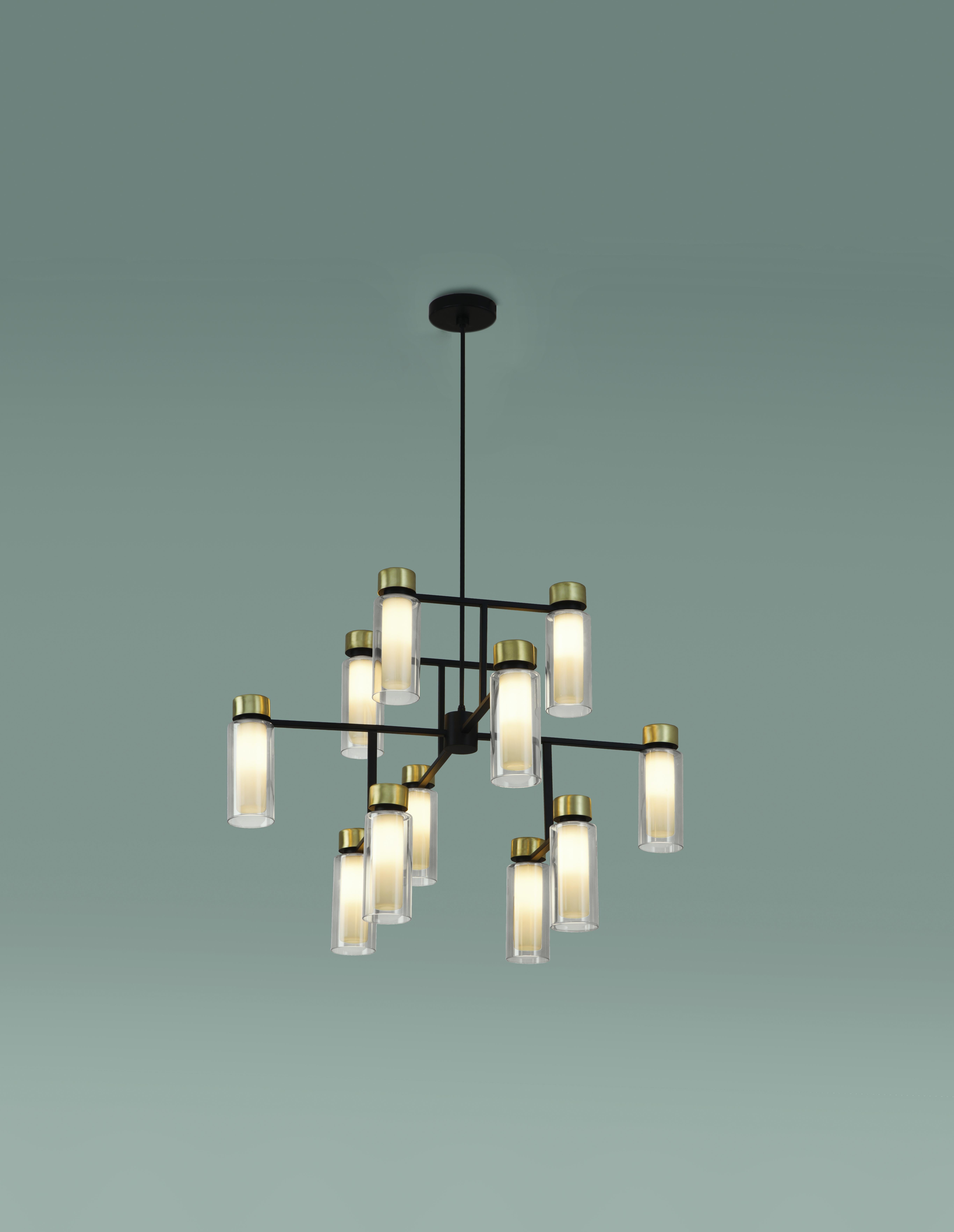 Spazzolato Lampadario contemporaneo 'Osman 560.17 Rectangular' di Tooy, ottone e vetro trasparente in vendita