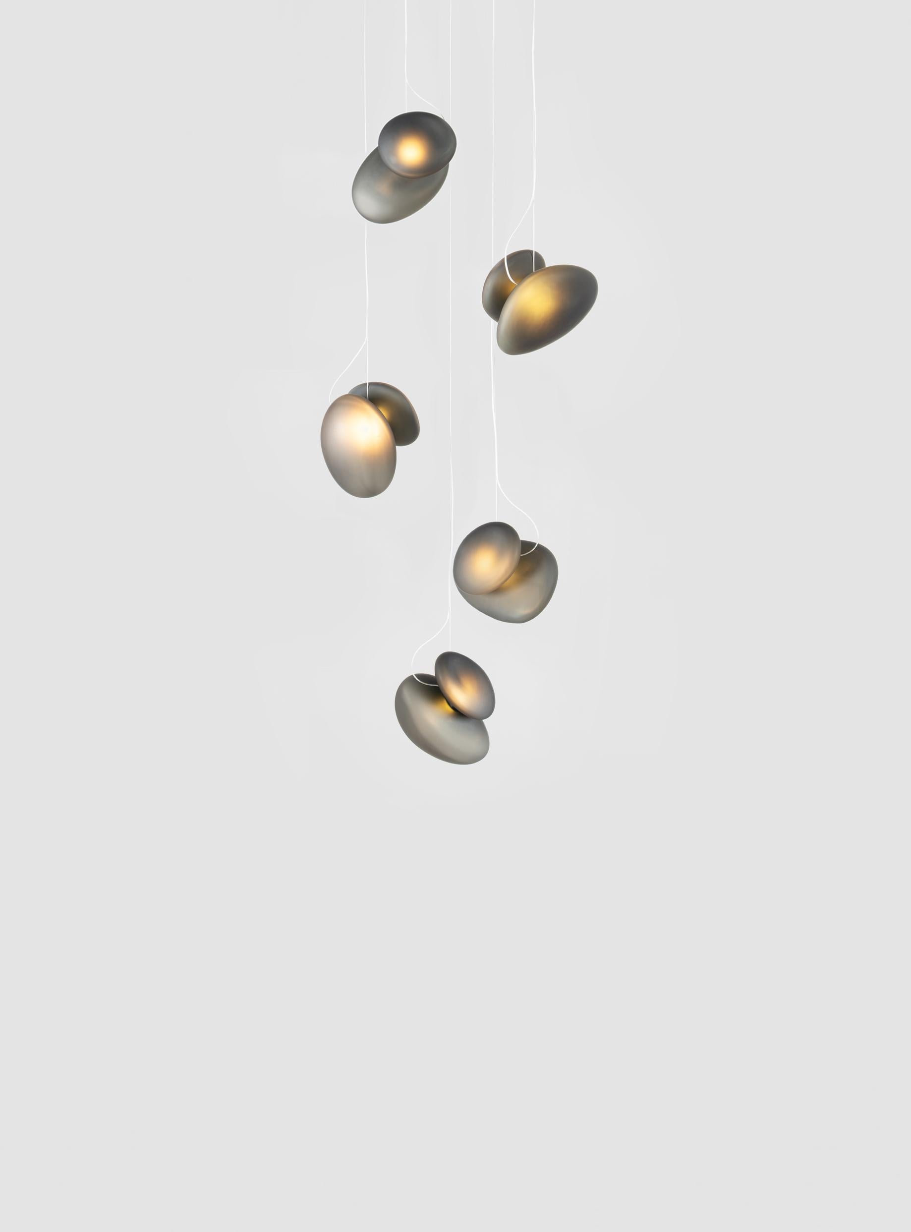 Contemporary chandelier Pebble 
Drop type: Cluster 

Electrical : 
Voltage: 110 – 277V / 220 – 240V
Integral LED source : 3 x 14W LED 39V

The model shown in picture:
Each pendant: Ø 35cm, 5kg
Canopy: Ø 69cm, 11kg
Color: Gray Slate