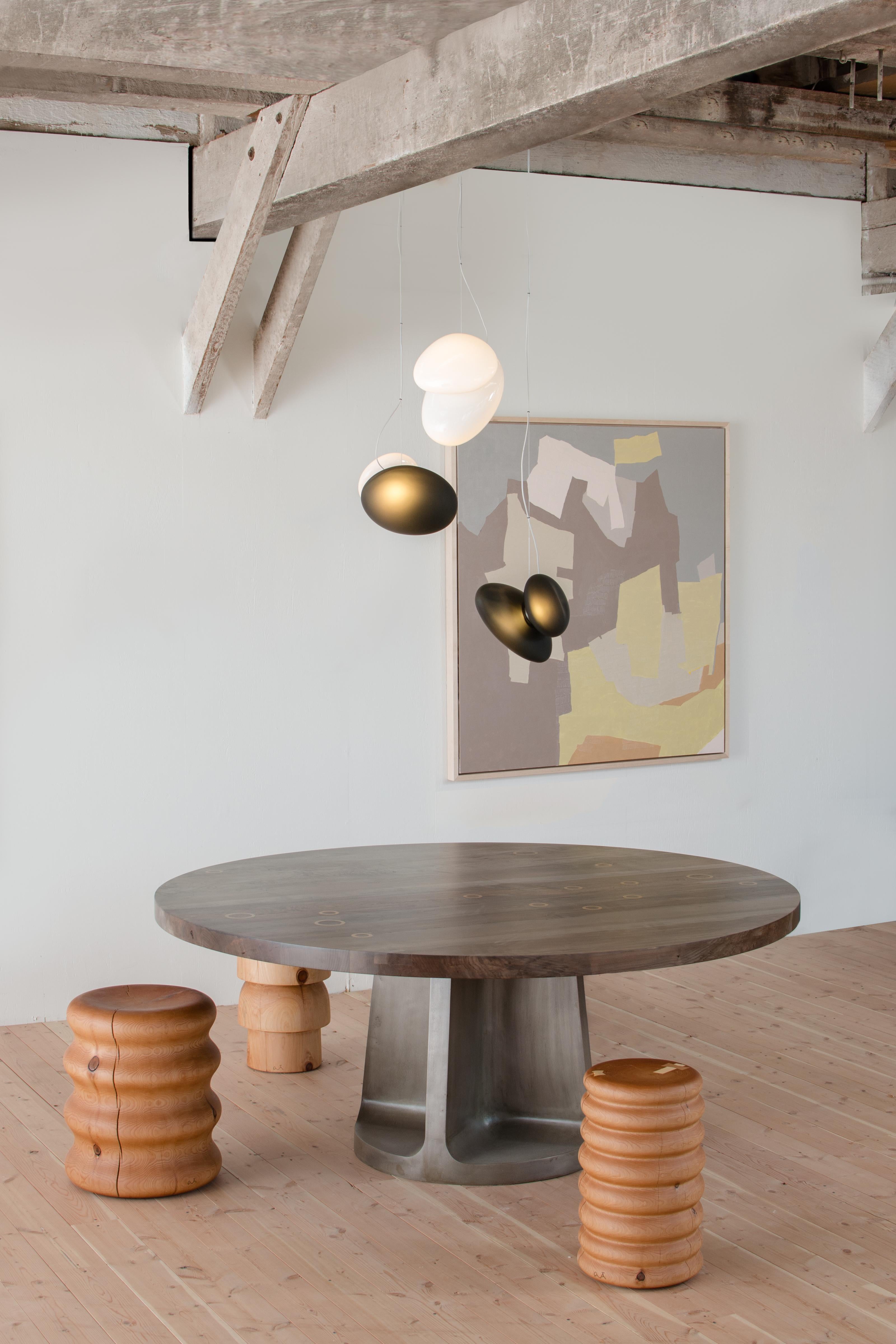 Contemporary chandelier Pebble 

Electrical : 
Voltage: 110 – 277V / 220 – 240V
Integral LED source : 3 x 14W LED 39V

The model shown in picture:
Each pendant: Ø 35cm, 5kg
Canopy: Ø 69cm, 11kg
Color: Yellow
______
Pebble
The Pebble