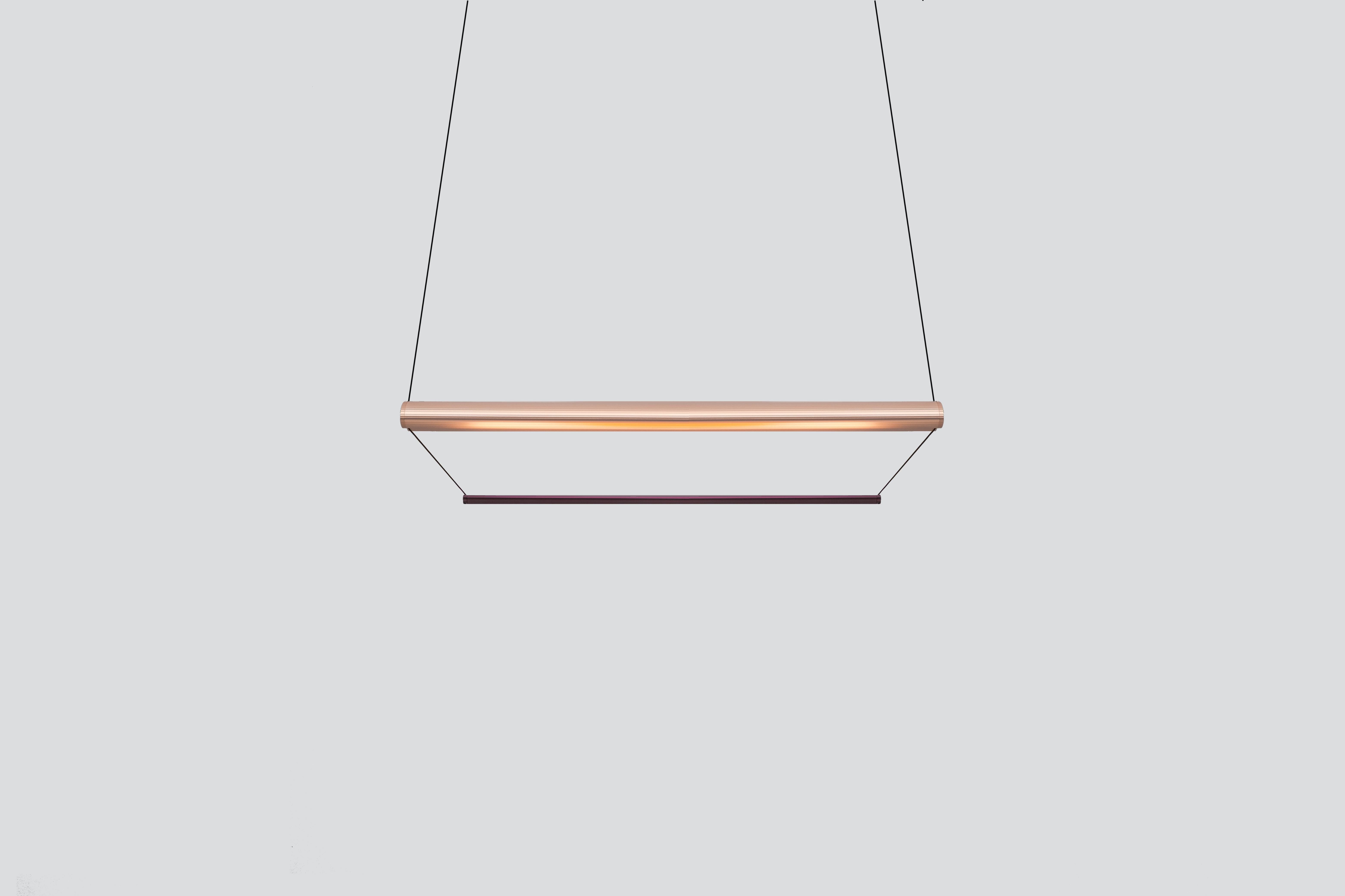 Contemporary Chandelier / Pendant Lamp 'Tier 100-P', Copper and Amethyst by AND
Designer: Lukas Peet

Materials:
– Aluminum

Dimensions:
- 100cm x 20cm x 17.5cm
39.25” x 7.75” x 7”
- Adjustable drop length: 243cm / 96”

Input Voltage:
- 110–120V,