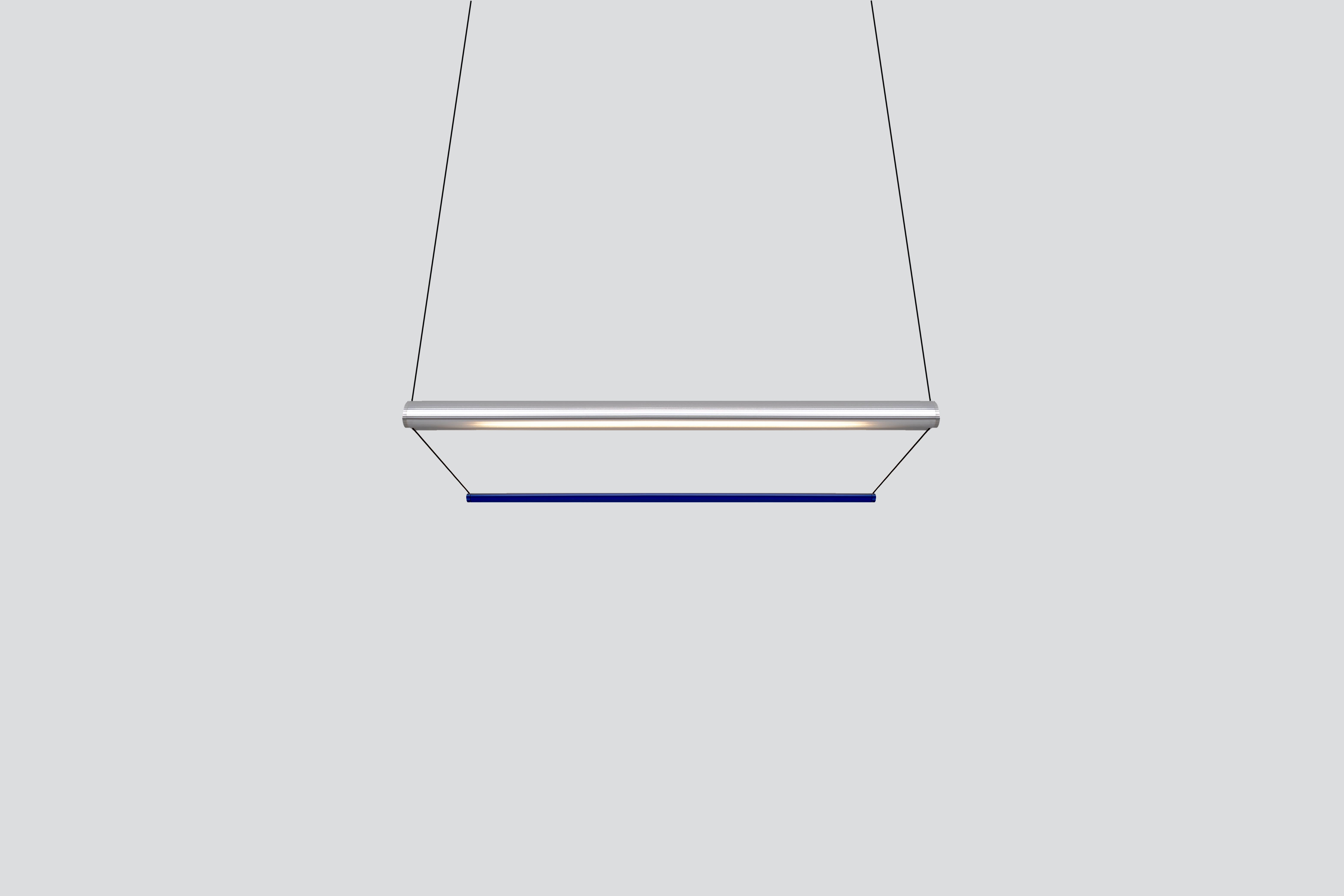 Contemporary Chandelier / Pendant Lamp 'Tier 100-P', Silver and Sapphire AND
Designer: Lukas Peet

Materials:
– Aluminum

Dimensions:
- 100cm x 20cm x 17.5cm
39.25” x 7.75” x 7”
- Adjustable drop length: 243cm / 96”

Input Voltage:
- 110–120V,