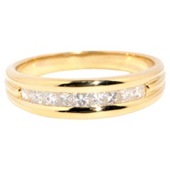 Vintage Contemporary Channel Set Princess Cut Diamond 18 Carat Yellow Gold Grooved Ring