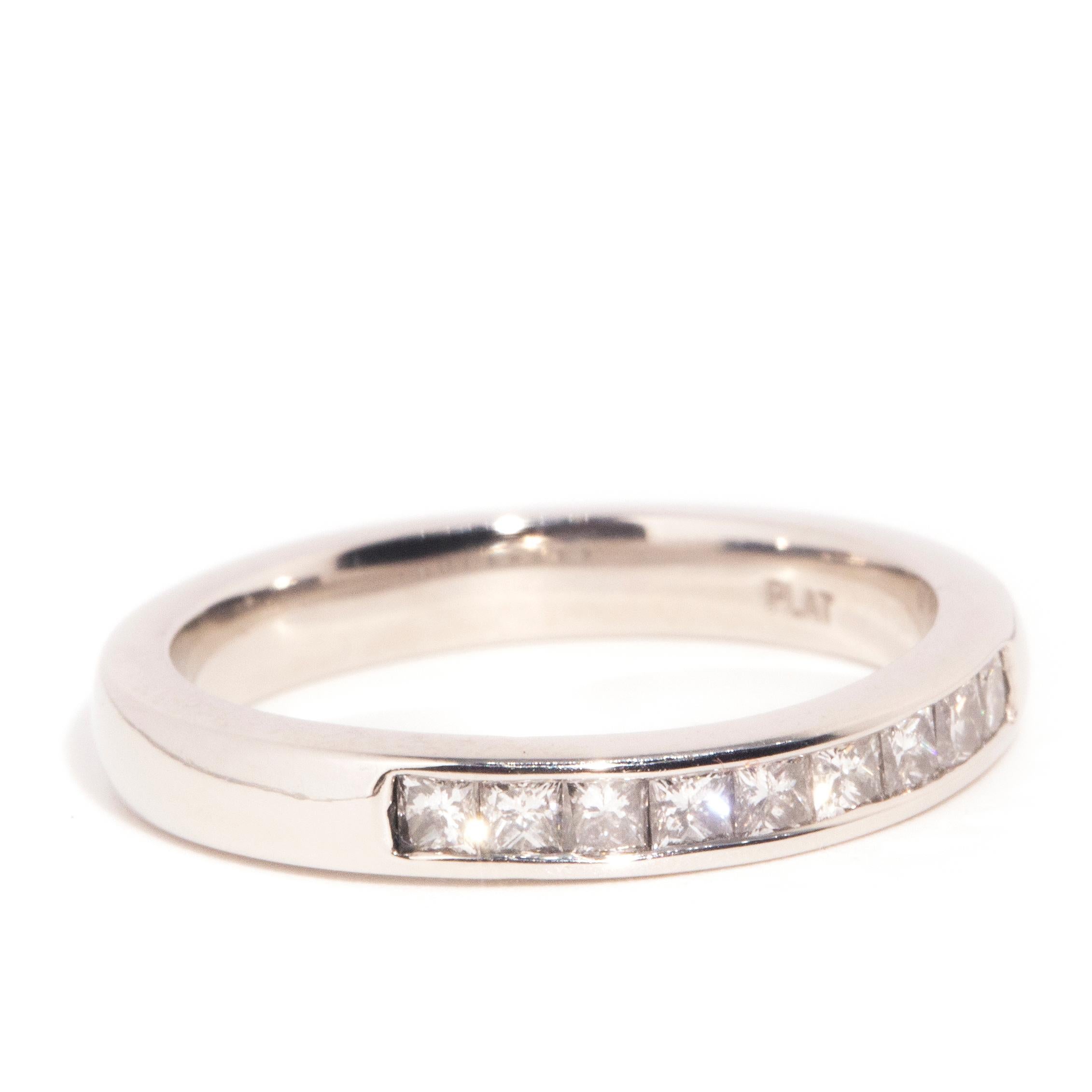 Contemporary Channel Set Princess Cut Diamond Platinum Eternity Band Ring In Good Condition For Sale In Hamilton, AU