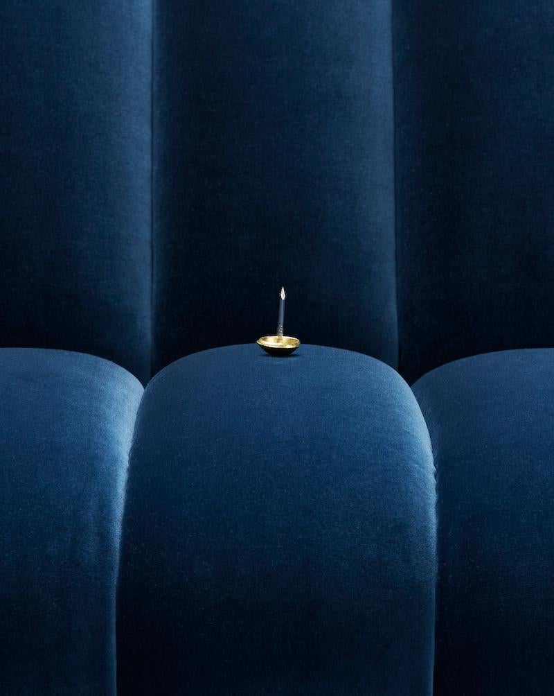 Modern Contemporary Channeled Fleure 3 seater Sofa in Denim Blue Velvet and Brass Legs. For Sale