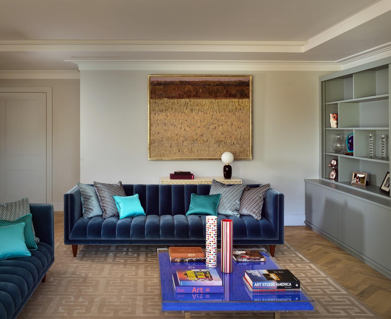English Contemporary Channeled Fleure 3 seater Sofa in Denim Blue Velvet and Brass Legs. For Sale