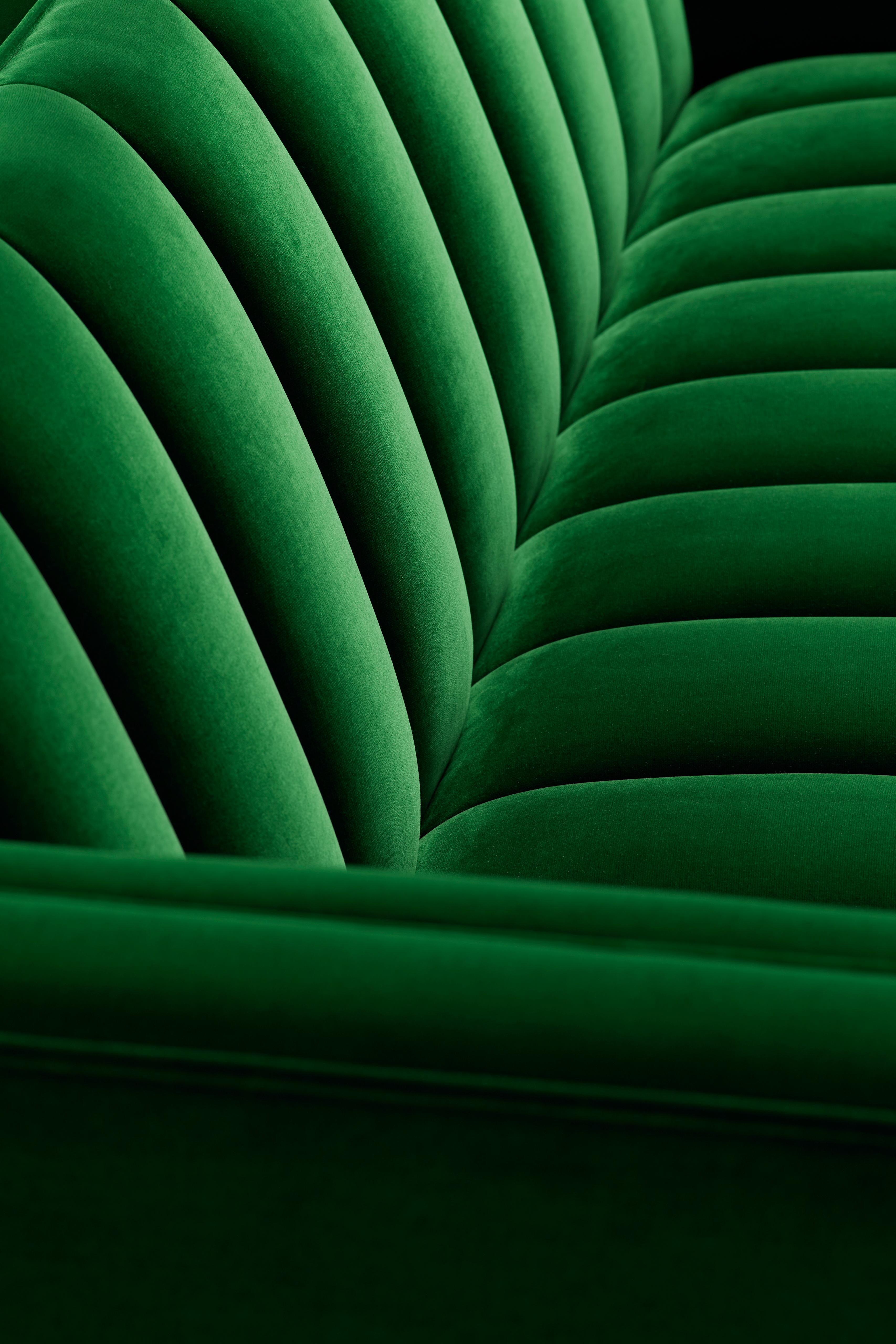Modern Contemporary Channeled Fleure 3 seater Sofa in Emerald Green Velvet Brass Legs. For Sale