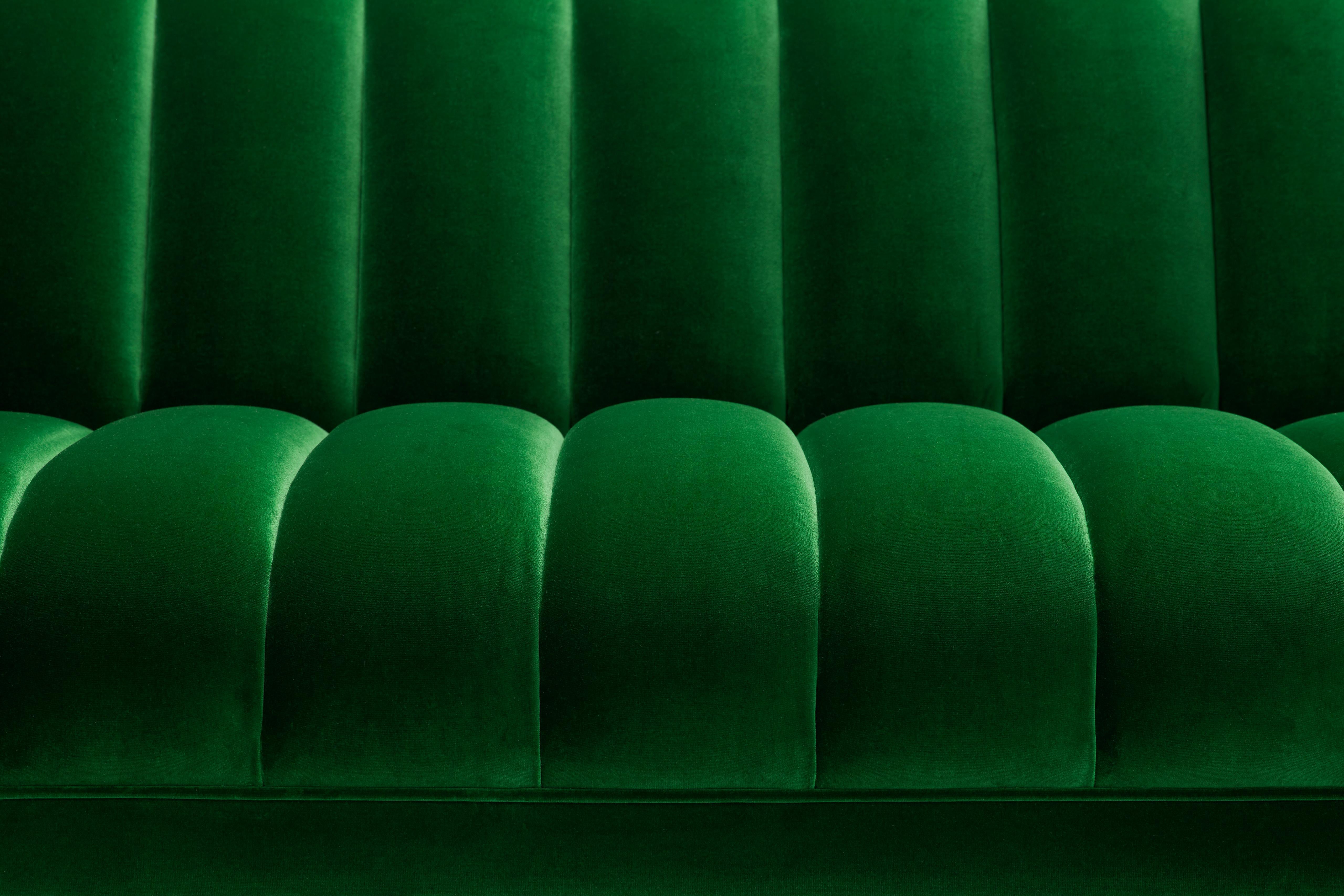 Bronzed Contemporary Channeled Fleure 3 seater Sofa in Emerald Green Velvet Brass Legs. For Sale