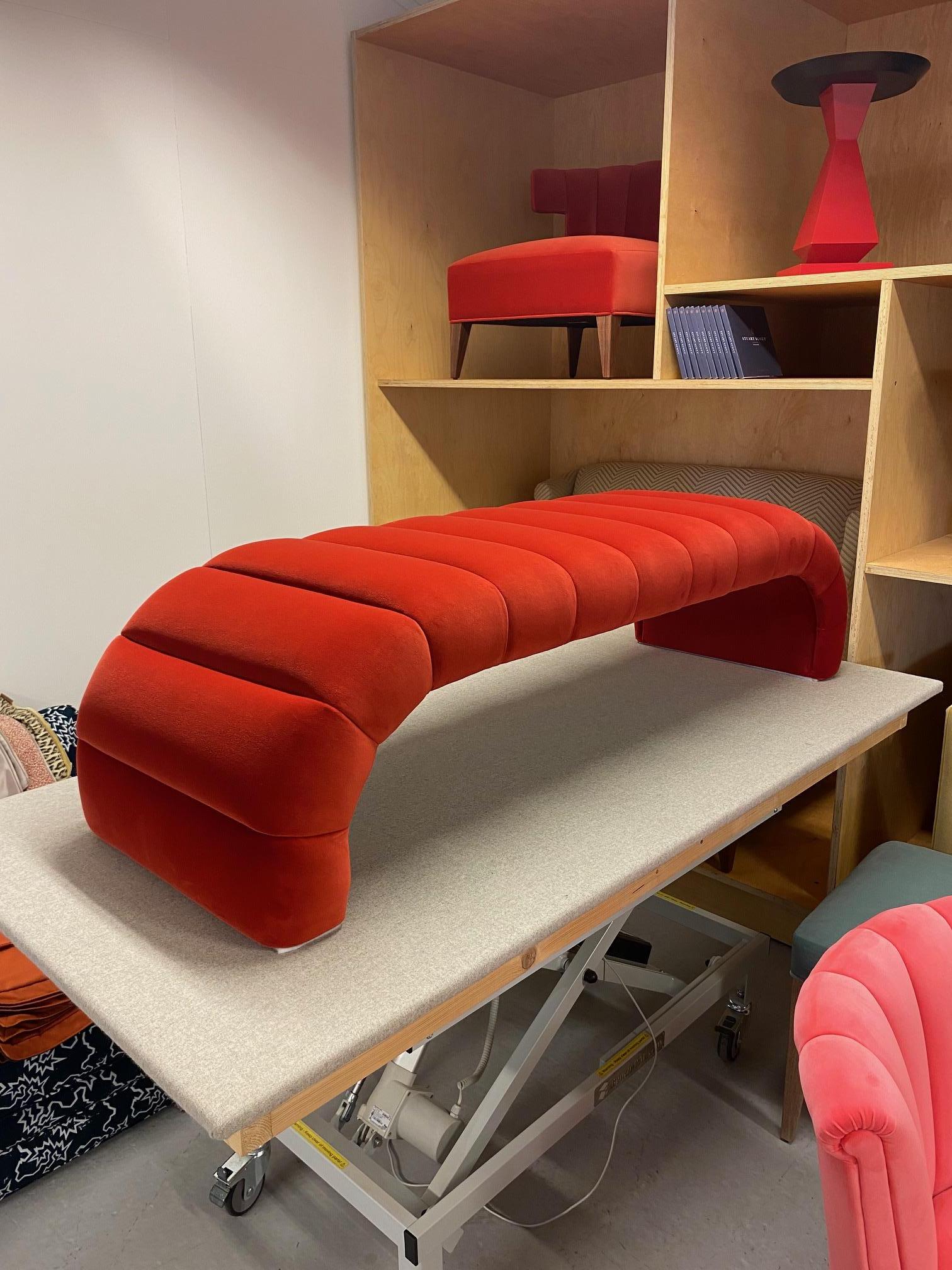 English Contemporary Channeled Fleure Bench in Red Velvet For Sale