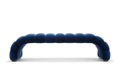 Contemporary Channeled Fleure Bench in Denim blue velvet with walnut feet