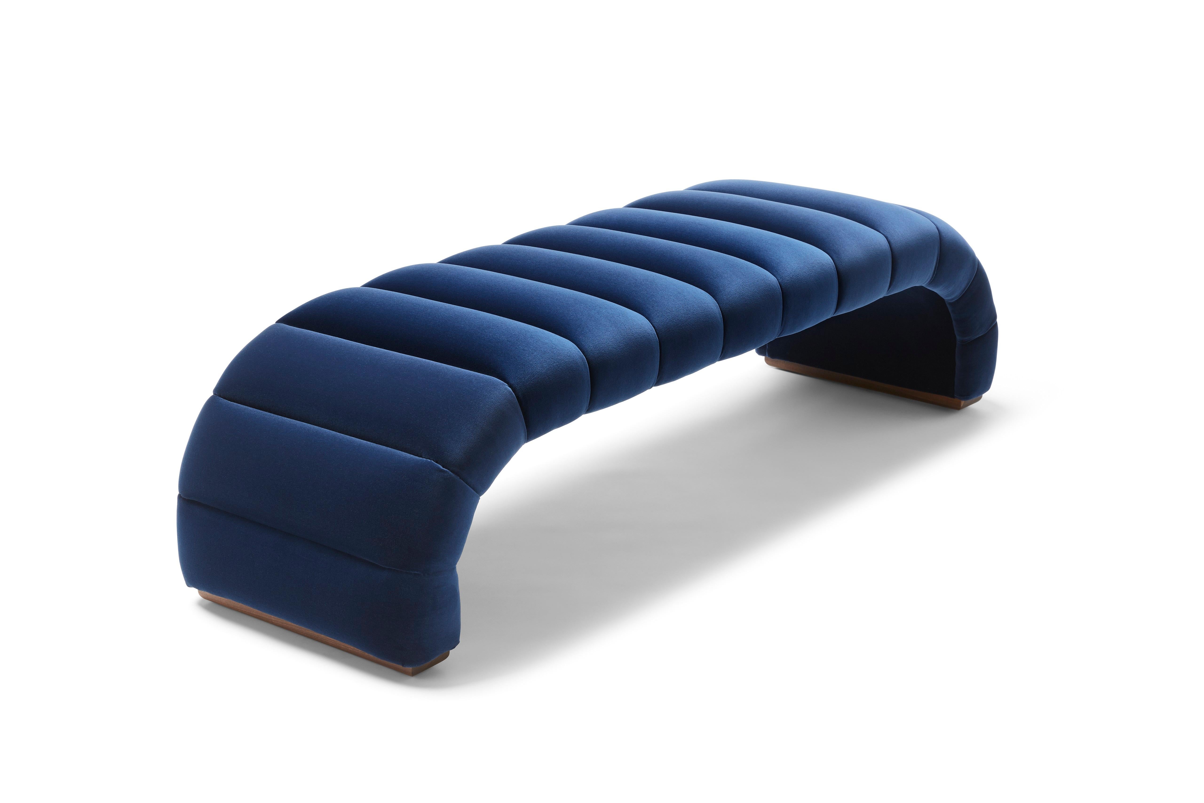 Modern Contemporary Channeled Fleure Bench in Designers Guild Velvet in Denim Blue For Sale