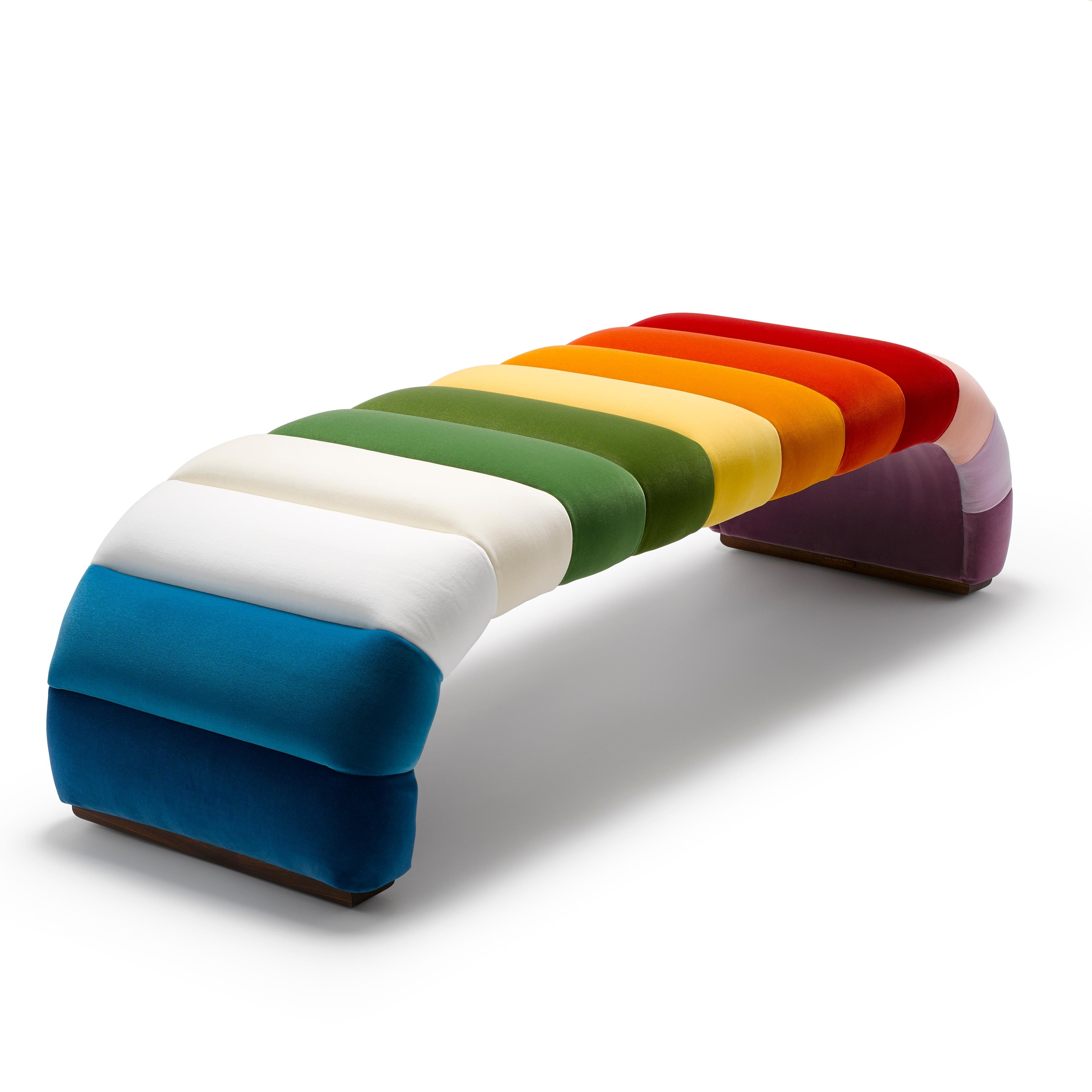 Banc Contemporary Channeled Fleure Laetus multi colors in Velvet with Walnut Neuf - En vente à Trowbridge, Wiltshire