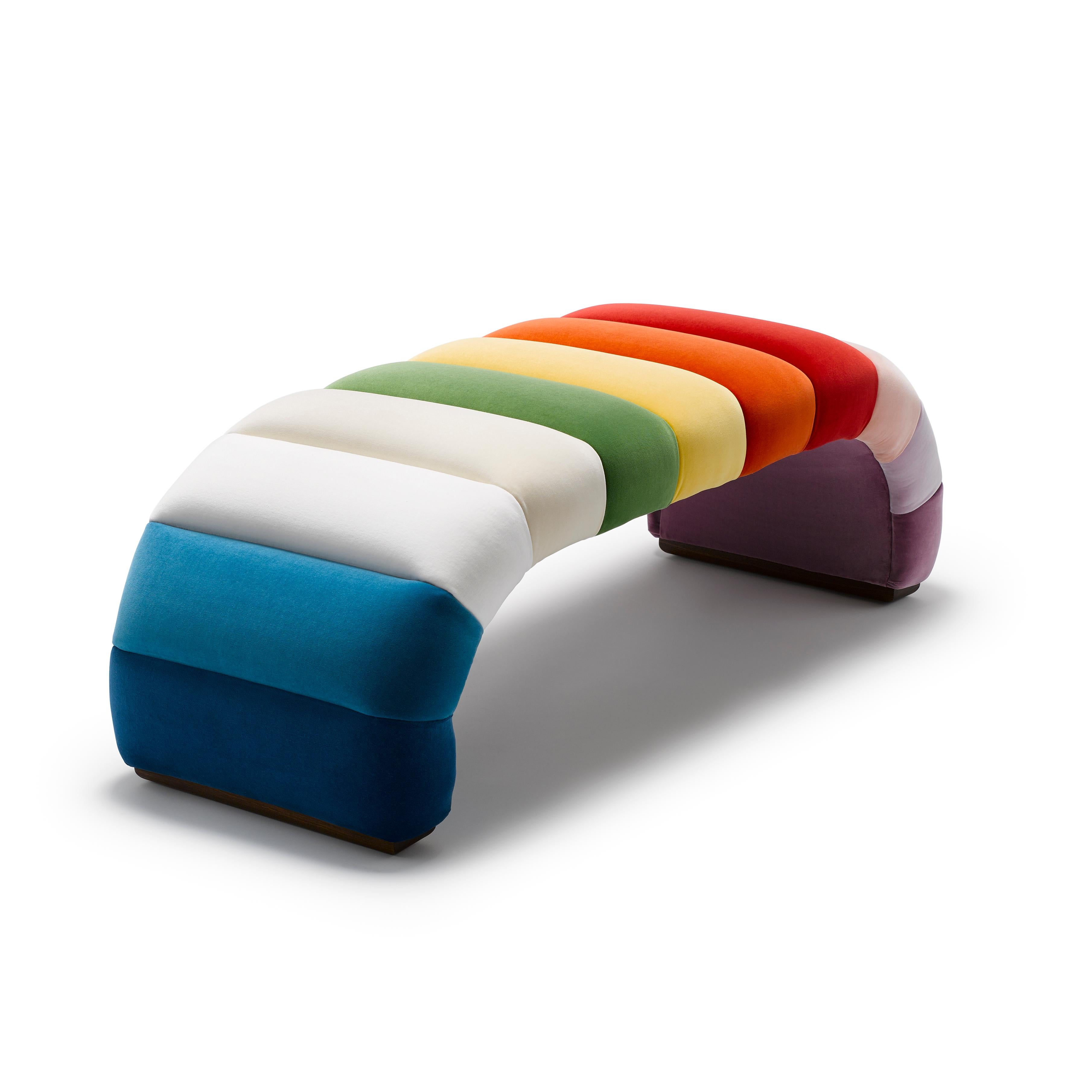 XXIe siècle et contemporain Banc Contemporary Channeled Fleure Laetus multi colors in Velvet with Walnut en vente