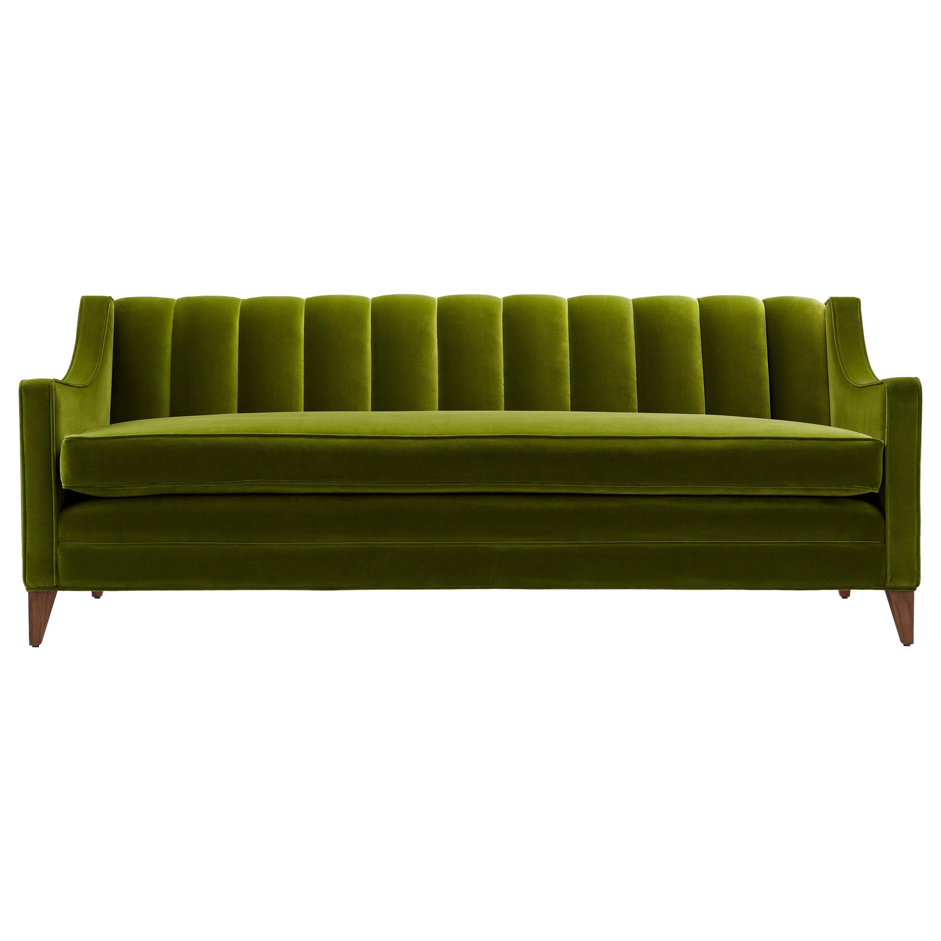 Contemporary Channeled Fleure Luxus Sofa in Velvet and Oak or Walnut Legs For Sale
