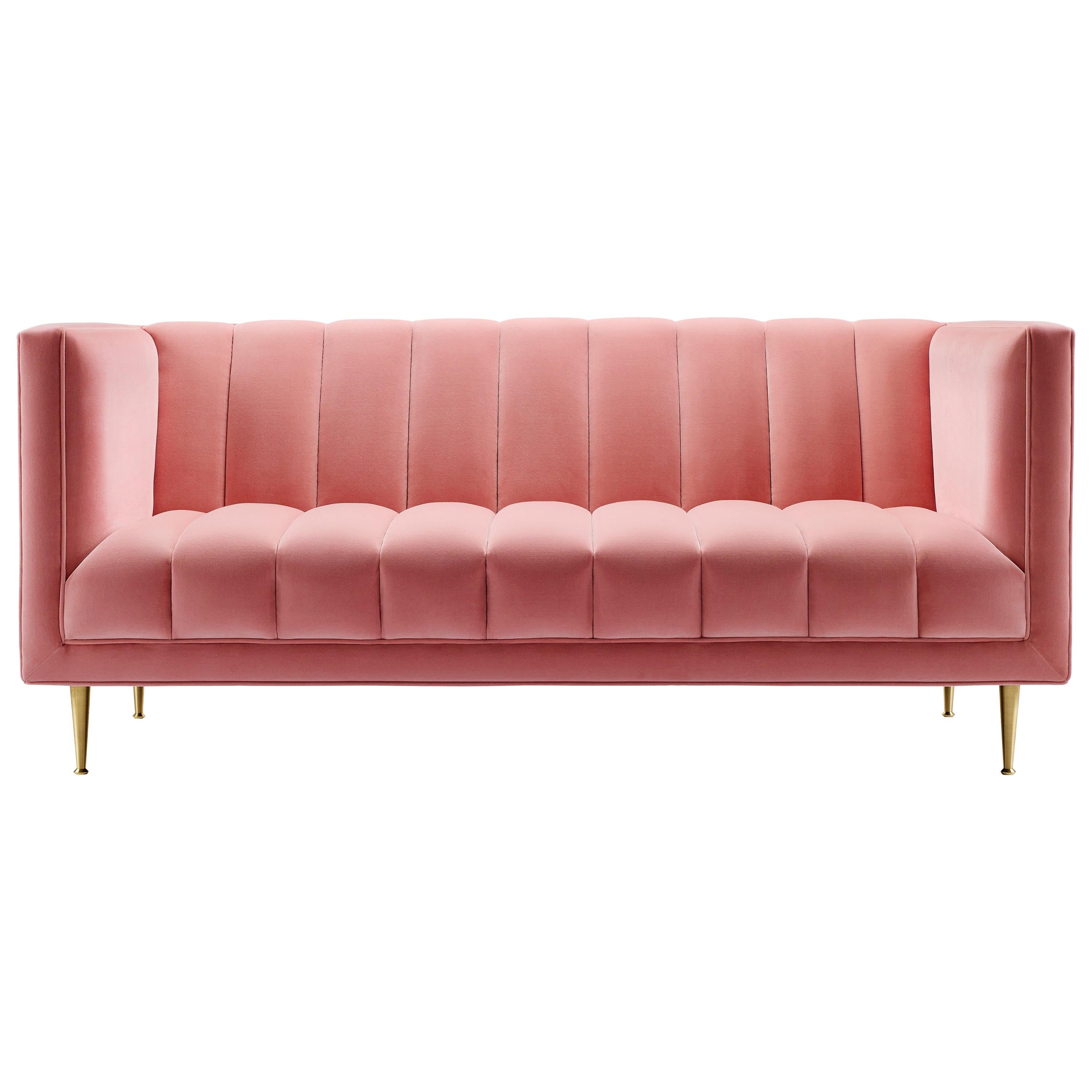 Contemporary Channeled 2-Seater Fleure Sofa in Pink Cotton Velvet and Brass Legs