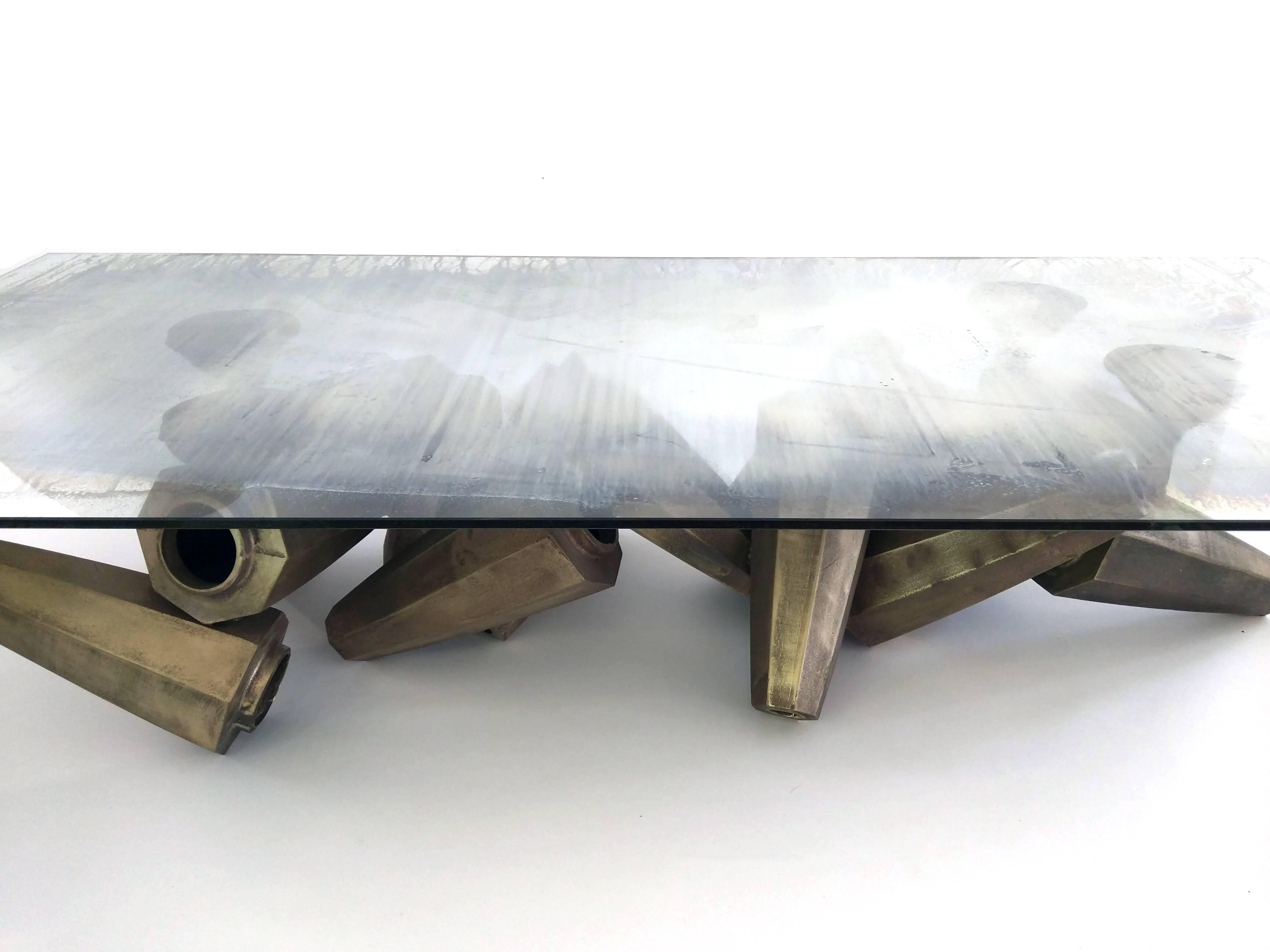 Chaos-Tisch aus versilbertem Glas und Bronze von Gregory Nangle (Brutalismus) im Angebot