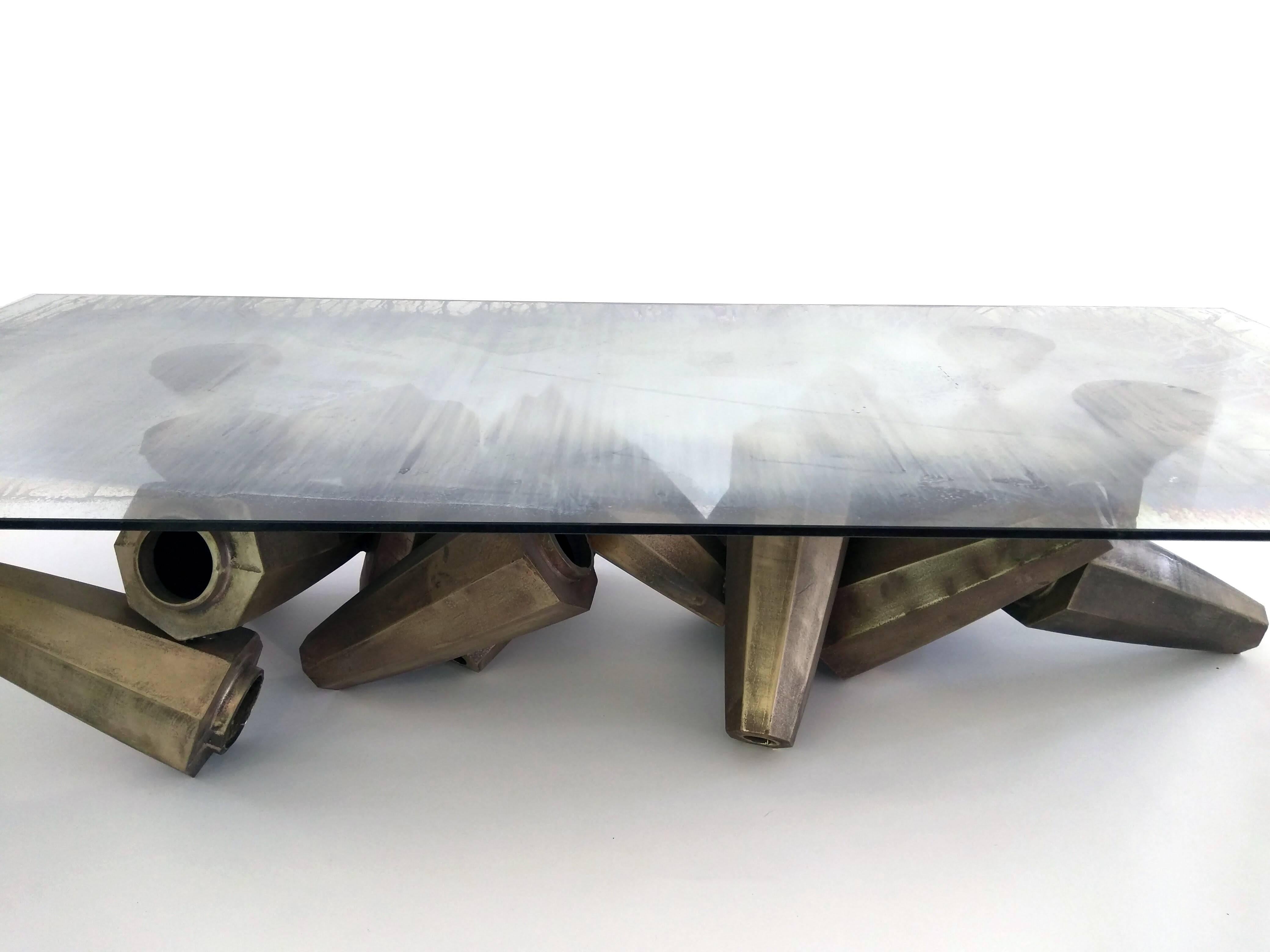Brutalist Chaos Table in Silvered Glass and Bronze by Gregory Nangle For Sale