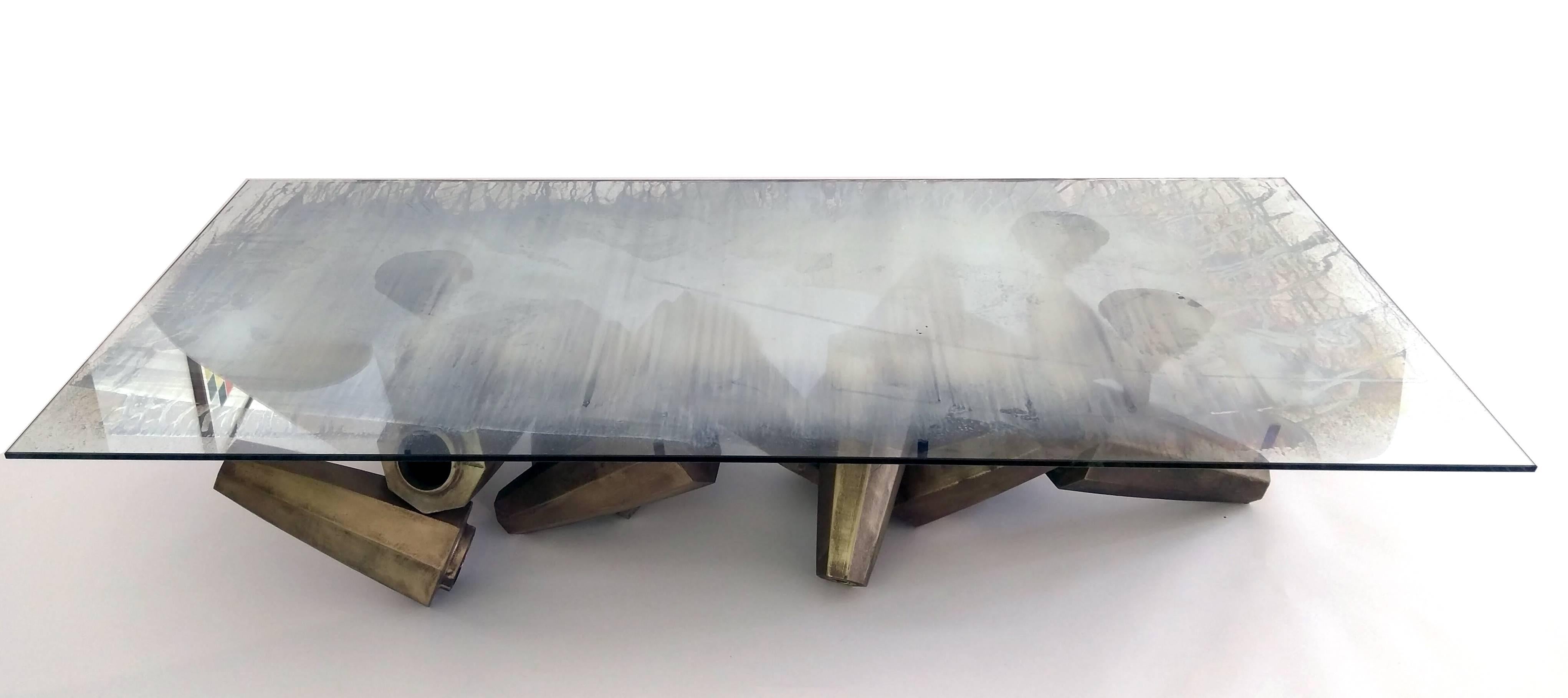 Cast Chaos Table in Silvered Glass and Bronze by Gregory Nangle For Sale