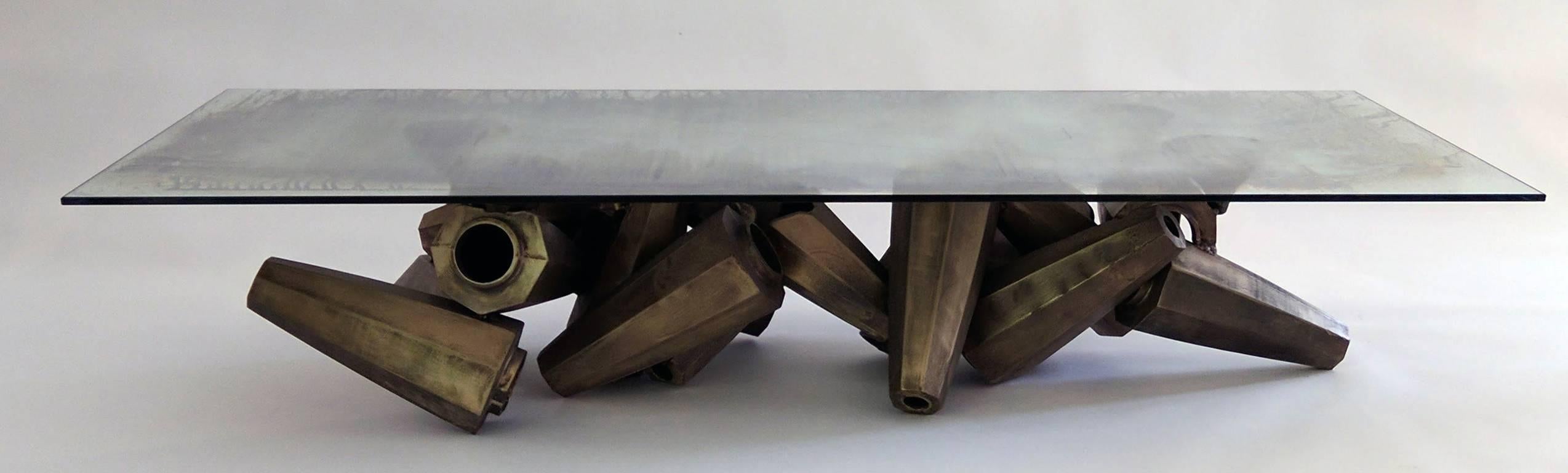 Chaos Table in Silvered Glass and Bronze by Gregory Nangle In New Condition For Sale In Philadelphia, PA