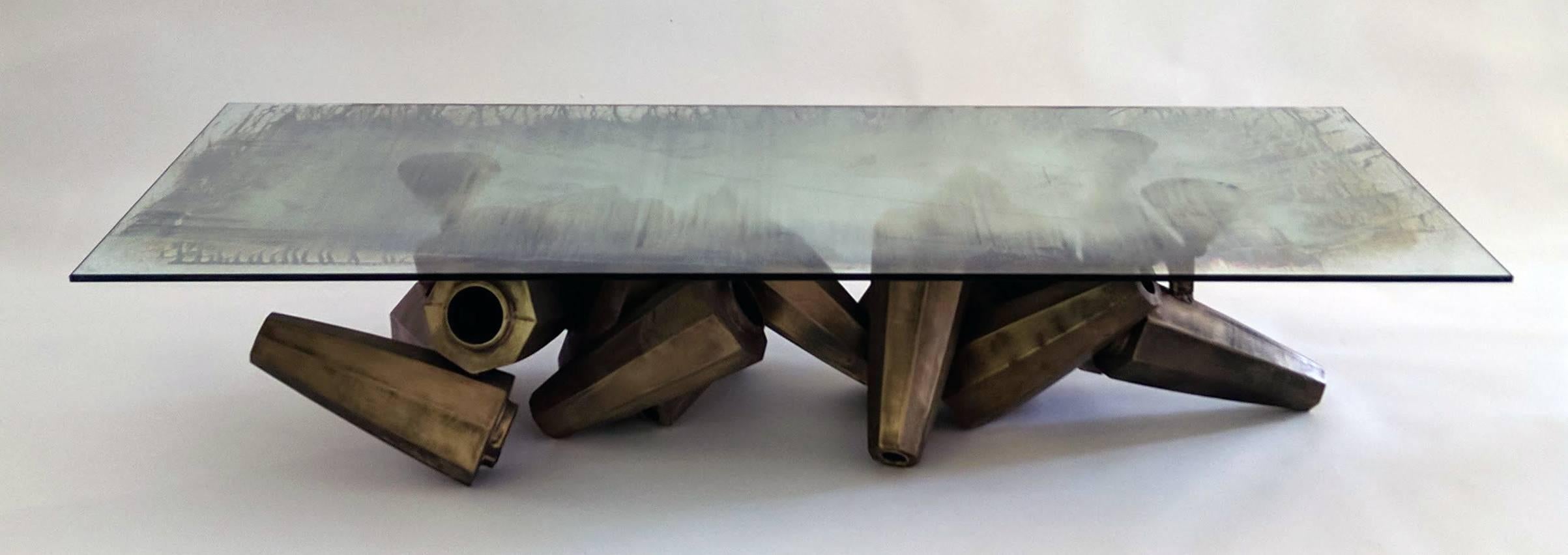Contemporary Chaos Table in Silvered Glass and Bronze by Gregory Nangle For Sale