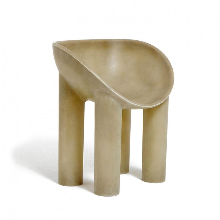 Contemporary fiberglass chair - Roly Poly Dining Chair by Faye Toogood. This is shown in the charcoal fiberglass finish. 
Design: Faye Toogood
Material: Fiberglass 
Available also in raw or cream finish, please contact us.

The Roly Poly chair
