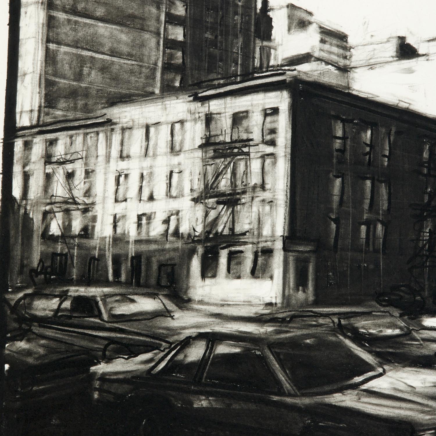 Modern Contemporary Charcoal on Paper Drawing of an NYC Streetscape, Tim Folzenlogen For Sale