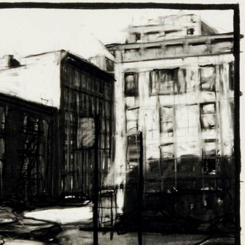 American Contemporary Charcoal on Paper Drawing of an NYC Streetscape, Tim Folzenlogen For Sale