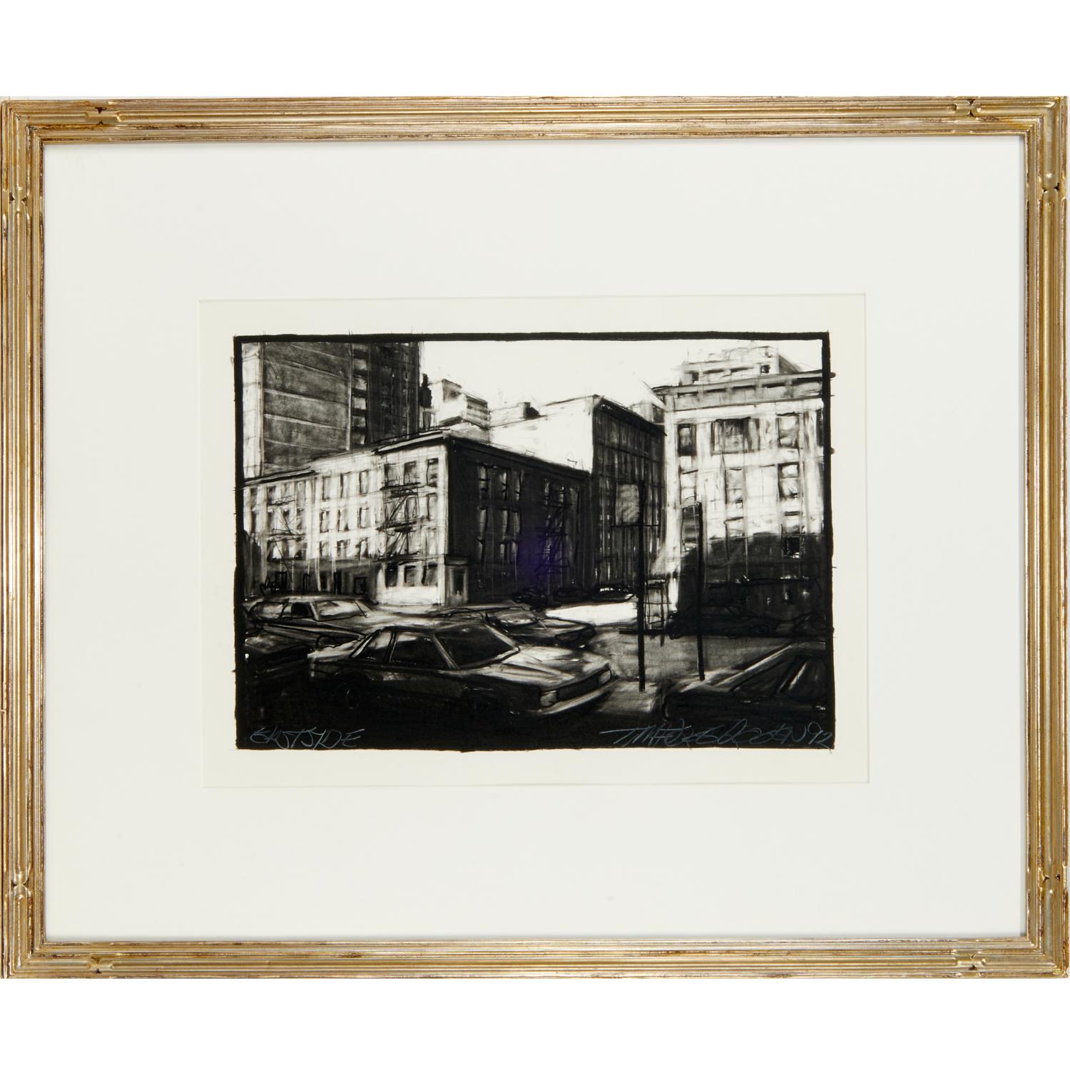 Late 20th Century Contemporary Charcoal on Paper Drawing of an NYC Streetscape, Tim Folzenlogen For Sale