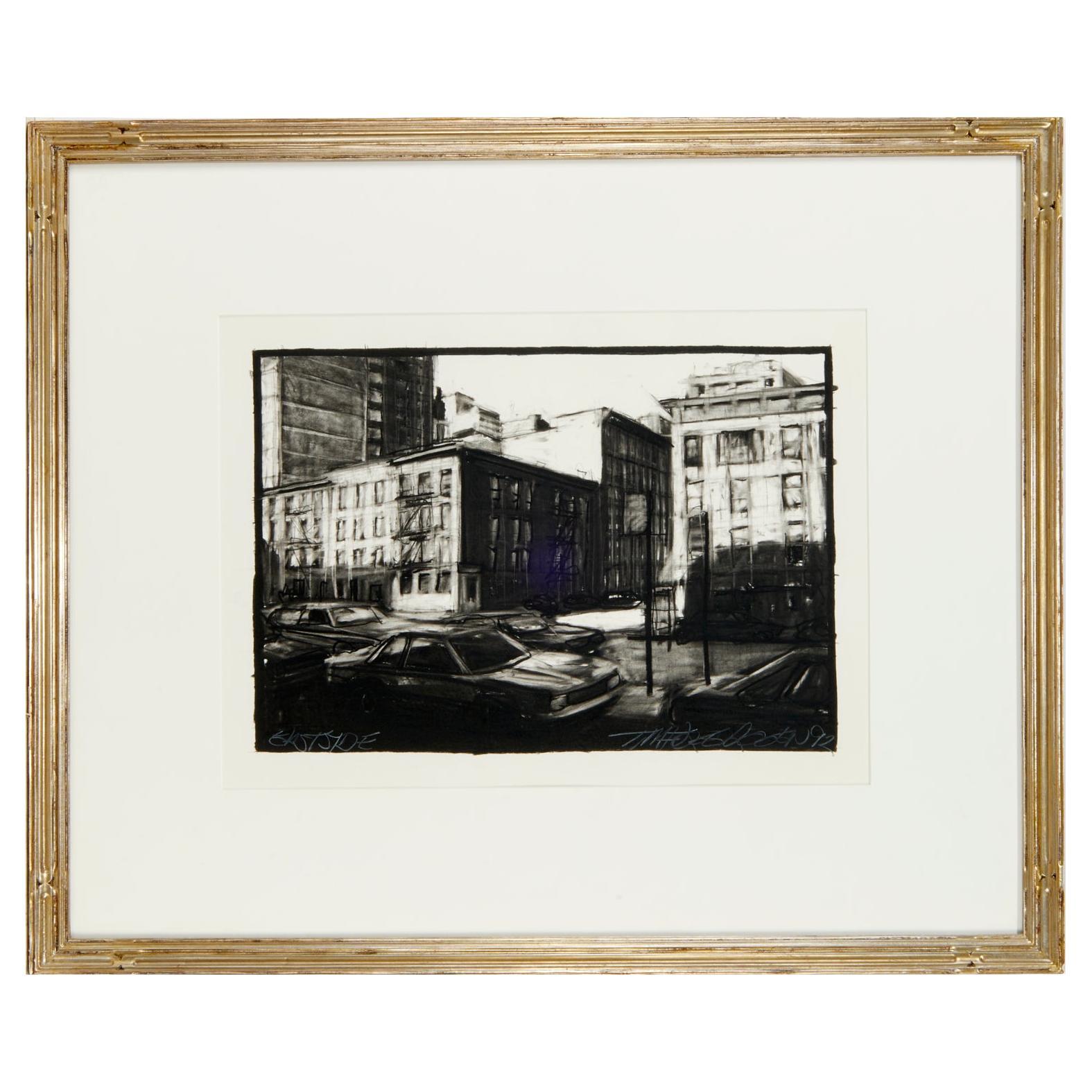 Contemporary Charcoal on Paper Drawing of an NYC Streetscape, Tim Folzenlogen For Sale
