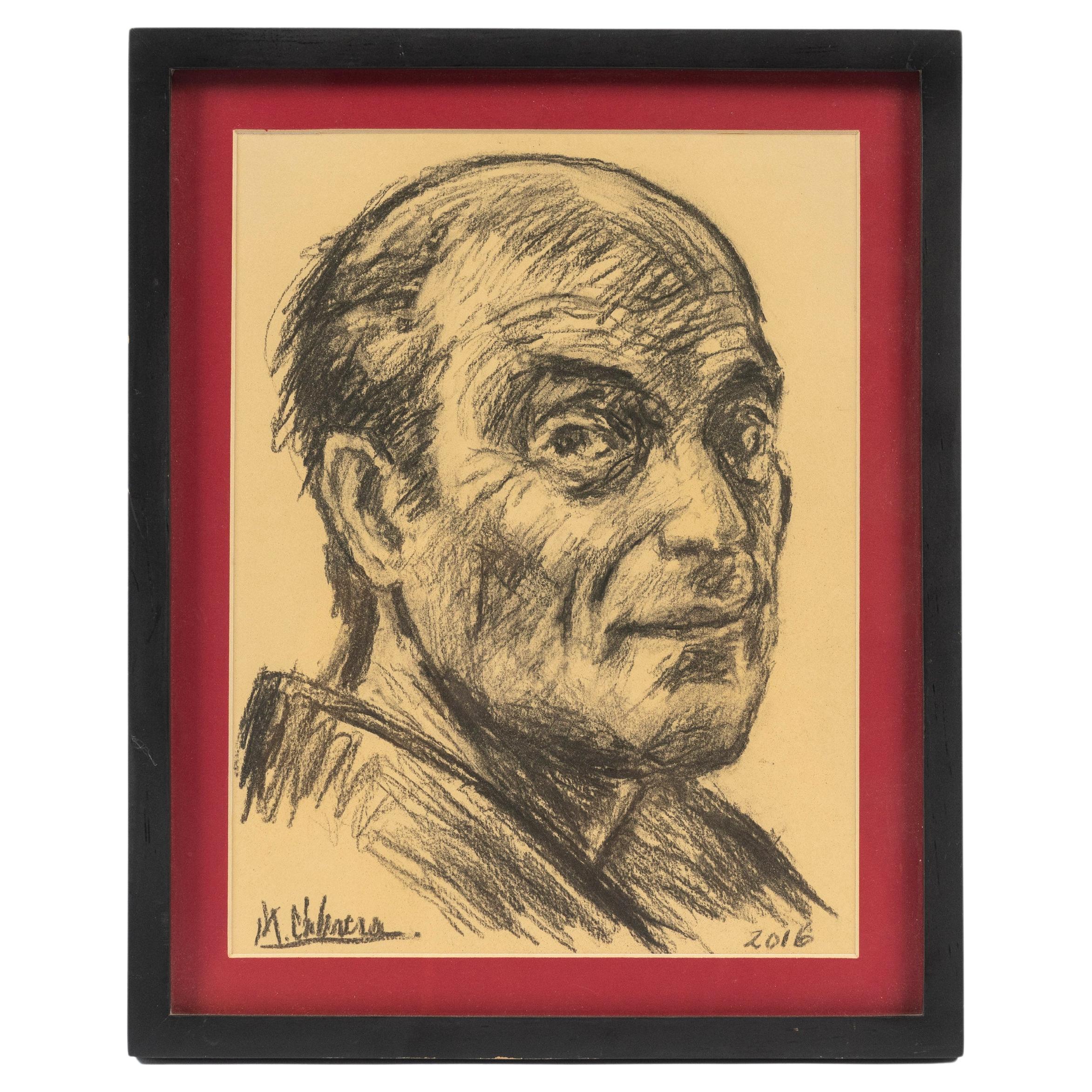 Dibujo contemporáneo a carboncillo de un hombre, enmarcado, 2016