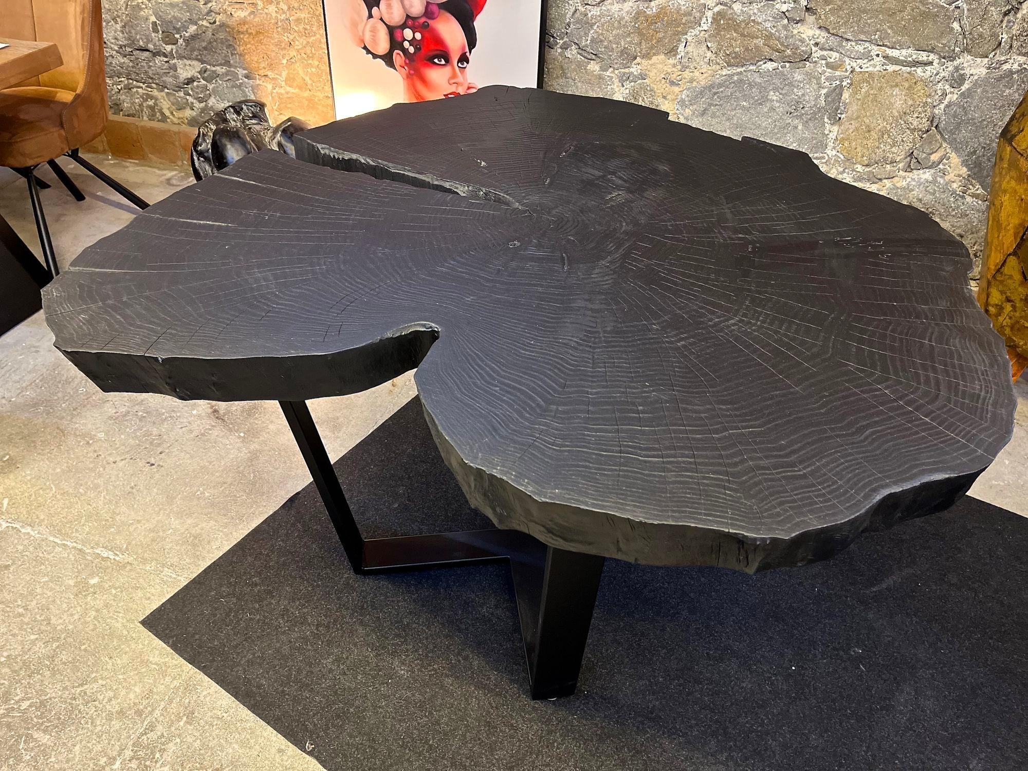 Contemporary Charred Oak Wood Dining Table With Black Steel Base, AT 2024 For Sale 3