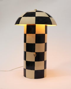 Contemporary Checker Patterned Ceramic Mushroom Lamp, Black and White