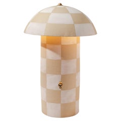 Contemporary Checker Patterned Ceramic Mushroom Lamp, Creme