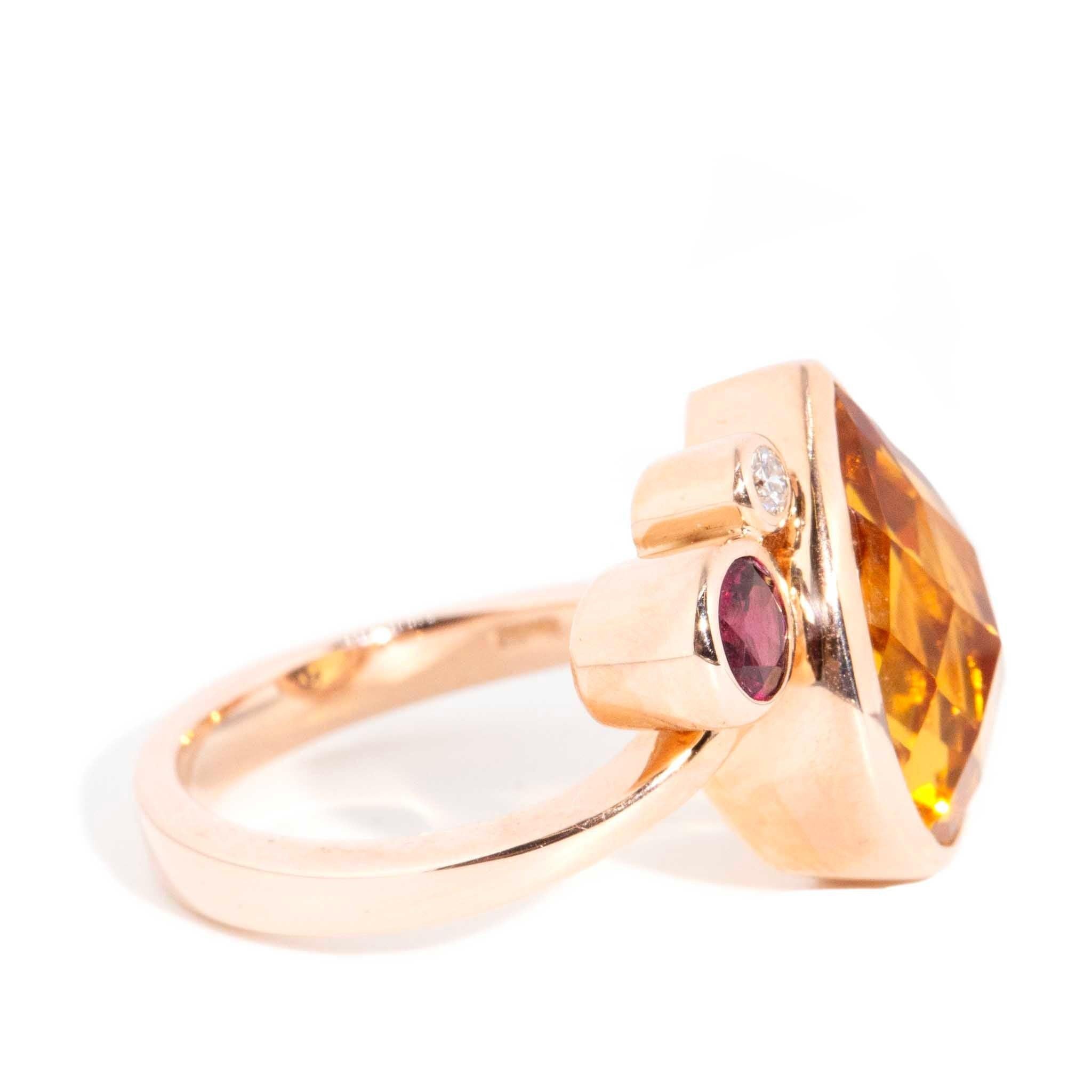 Women's Contemporary Checkerboard Citrine Garnet & Diamond Ring 9 Carat Rose Gold For Sale