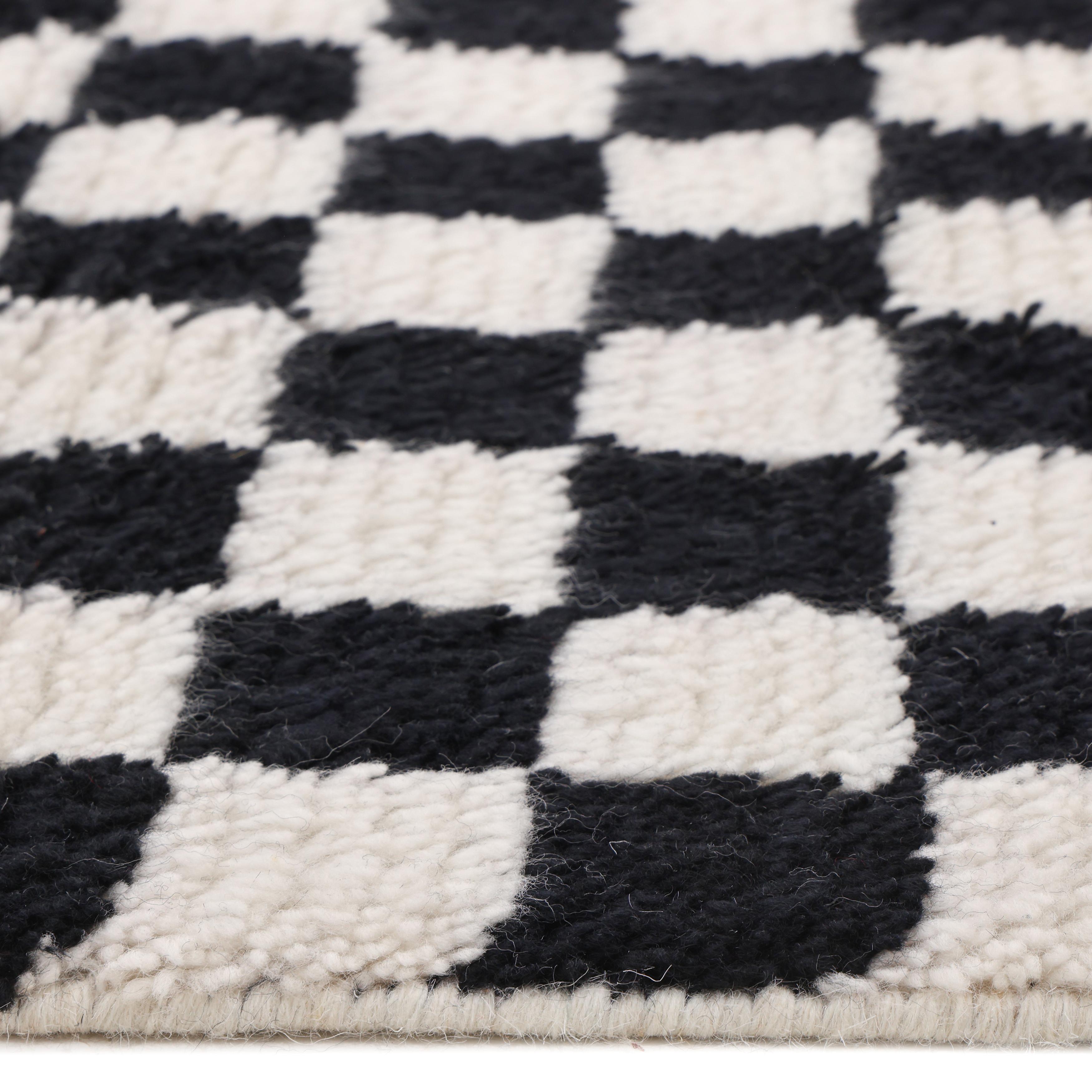Lana Tappeto d'area nero contemporaneo a scacchi Hand Made 3' 0