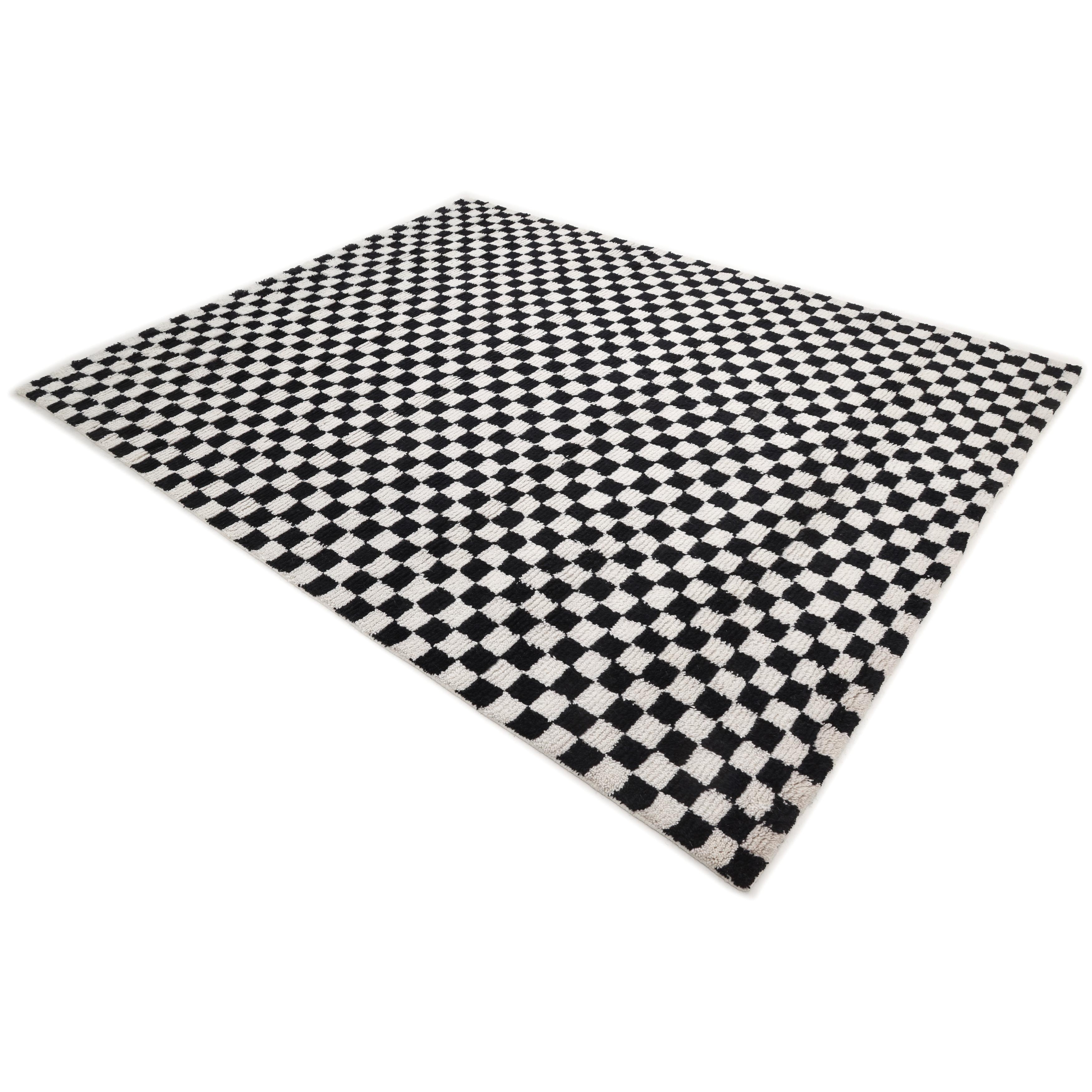 Tappeto d'area nero contemporaneo a scacchi Hand Made 3' 0