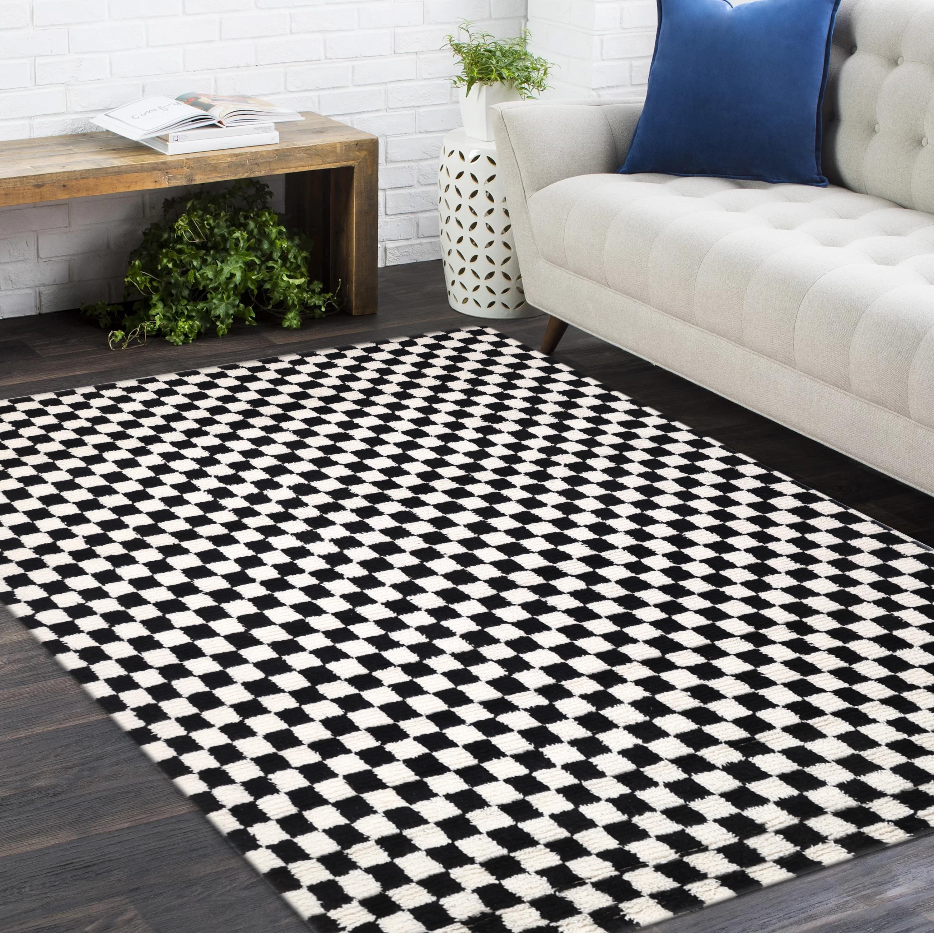 Tappeto d'area nero contemporaneo a scacchi Hand Made 3' 0
