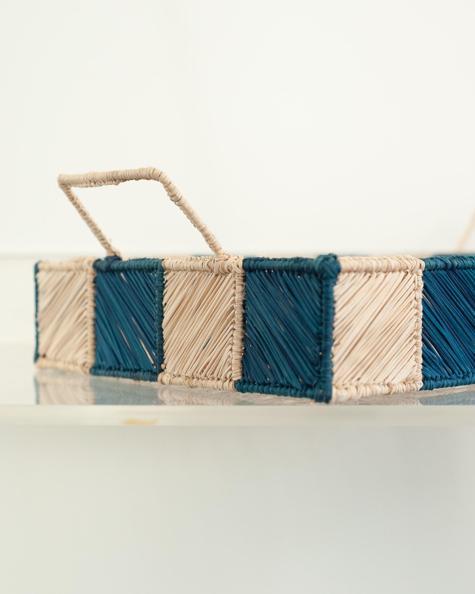 Colombian Contemporary Checkered Rectangular Rattan Serving Tray with Handles For Sale