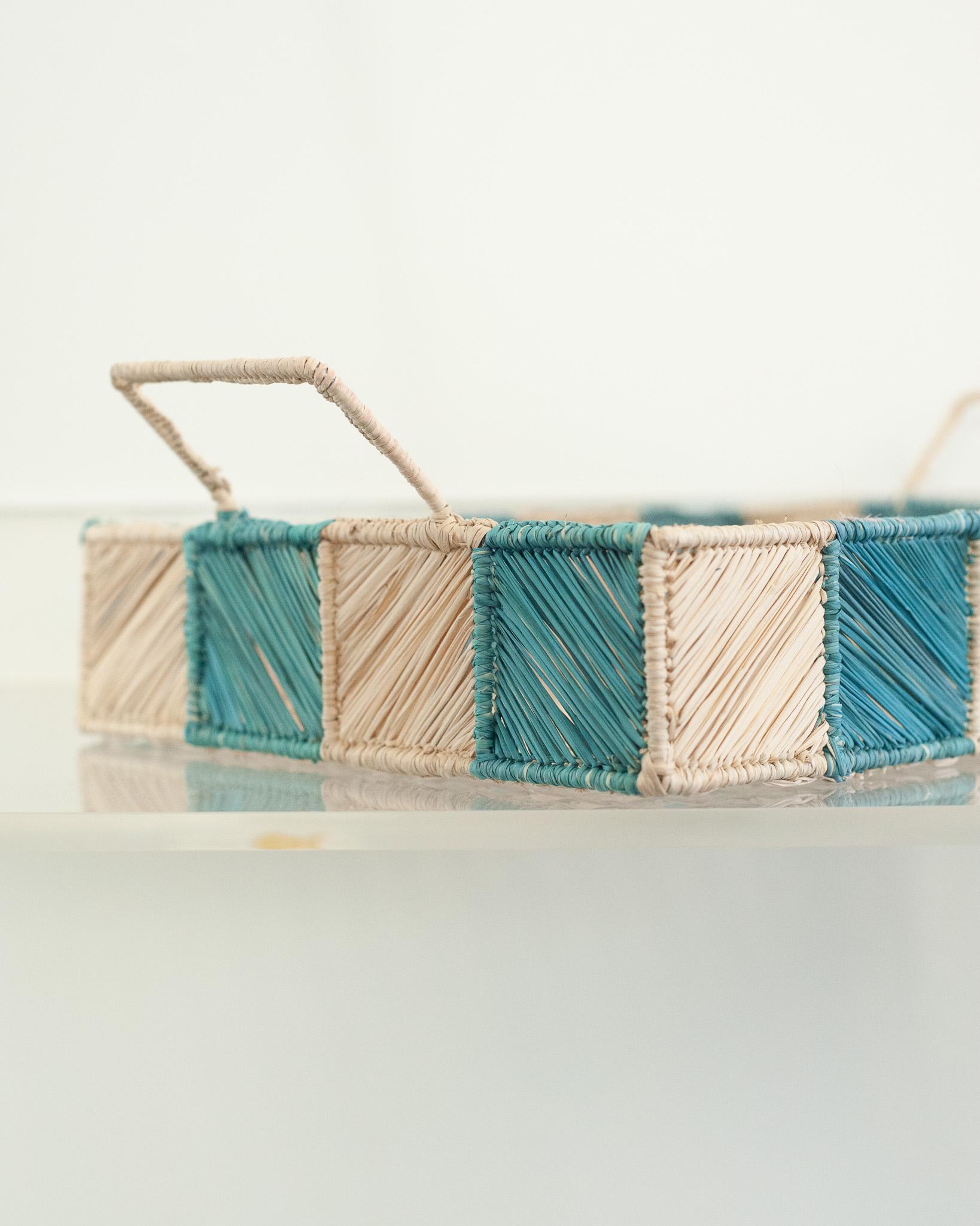 Colombian Contemporary Checkered Rectangular Rattan Serving Tray with Handles For Sale