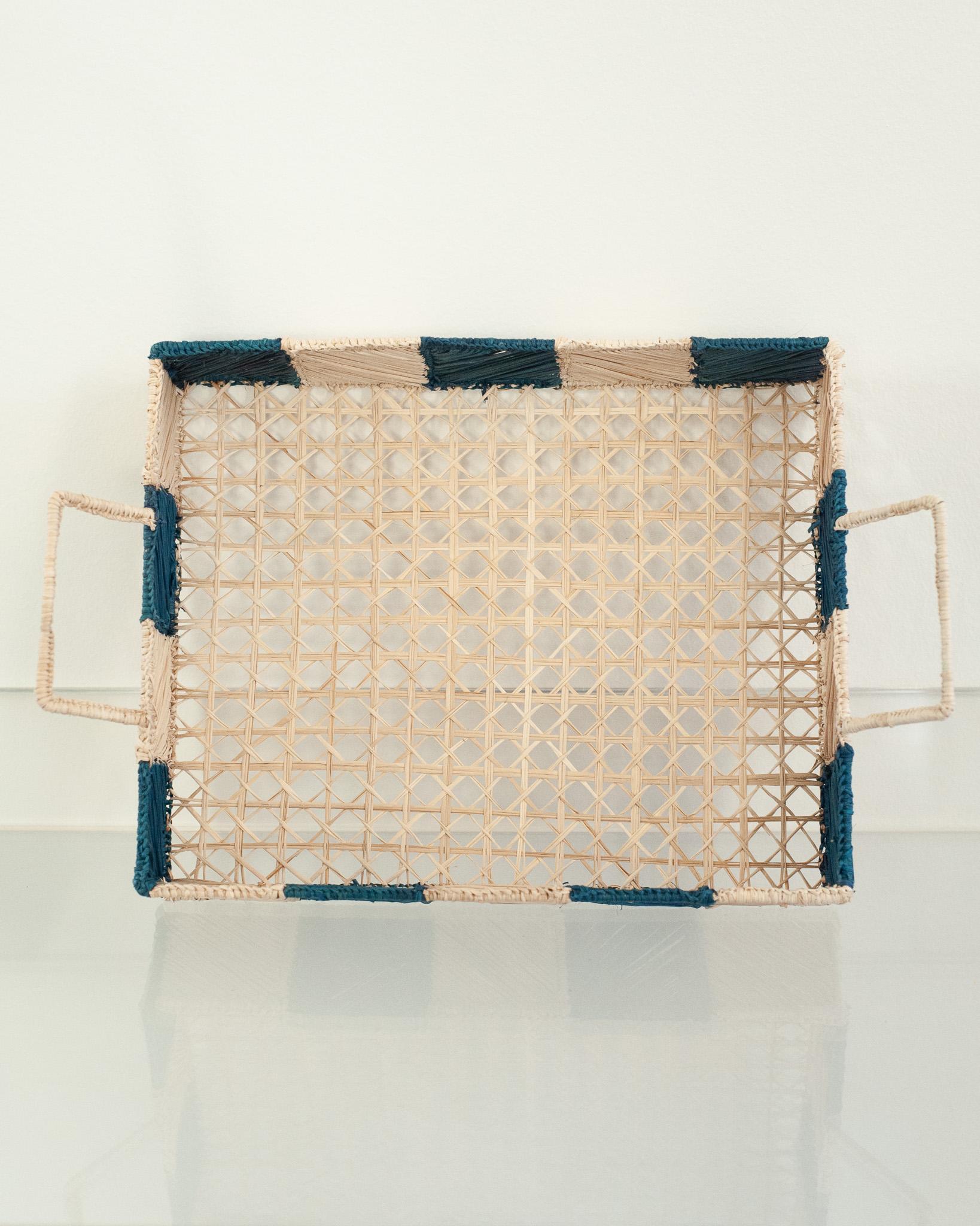 Hand-Woven Contemporary Checkered Rectangular Rattan Serving Tray with Handles For Sale