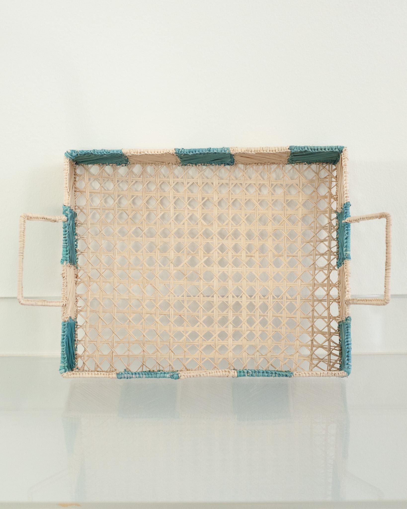 Hand-Woven Contemporary Checkered Rectangular Rattan Serving Tray with Handles For Sale