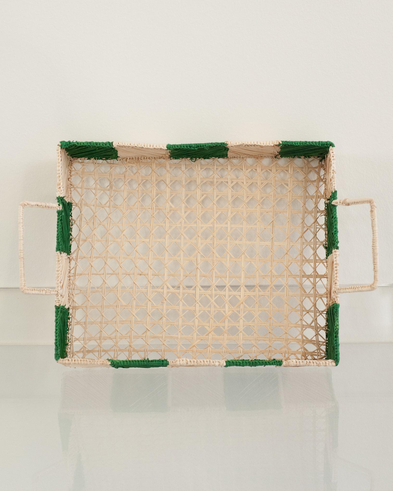 Hand-Woven Contemporary Checkered Rectangular Rattan Serving Tray with Handles For Sale
