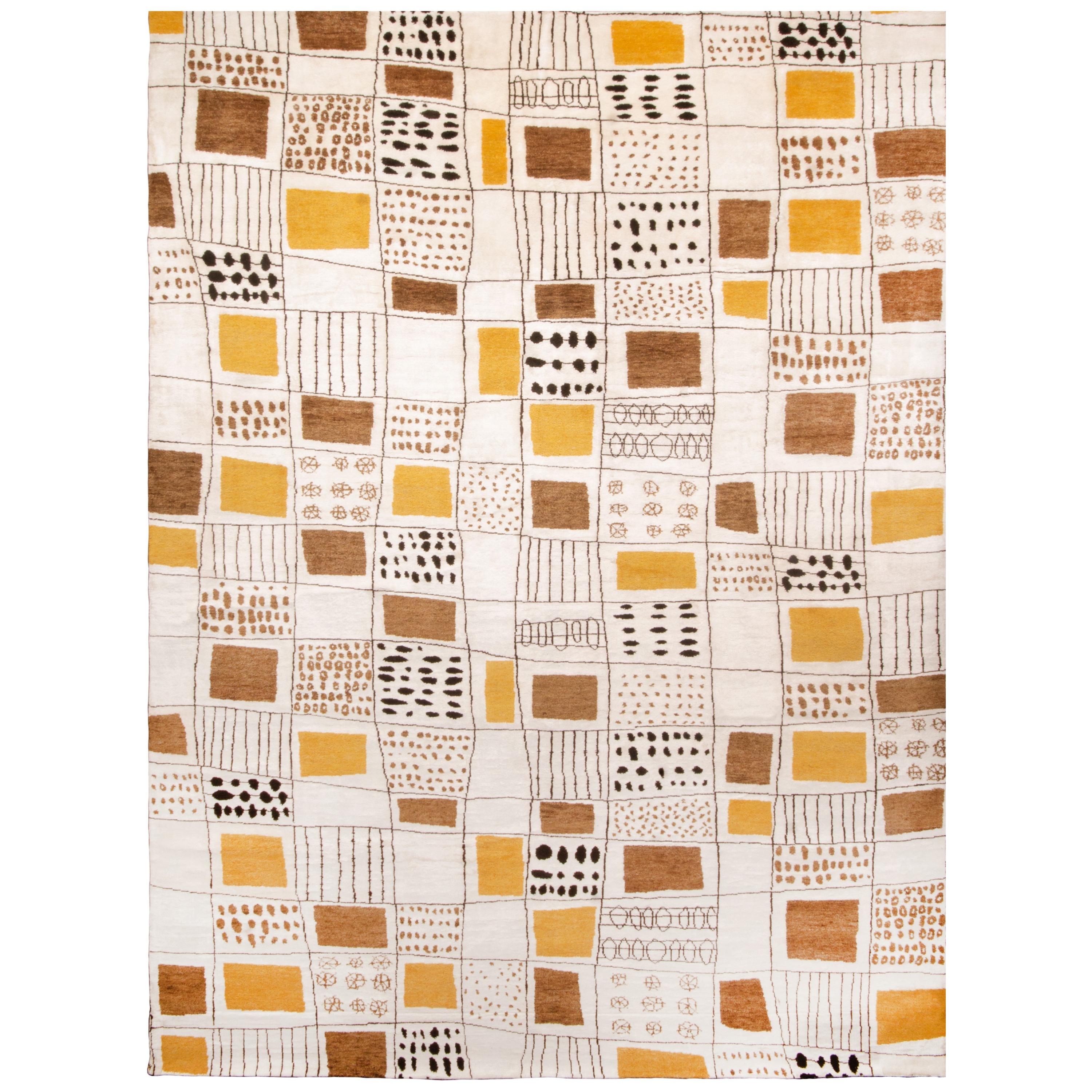 Contemporary “Chequers” Influences Pink and Yellow Wool Rug For Sale